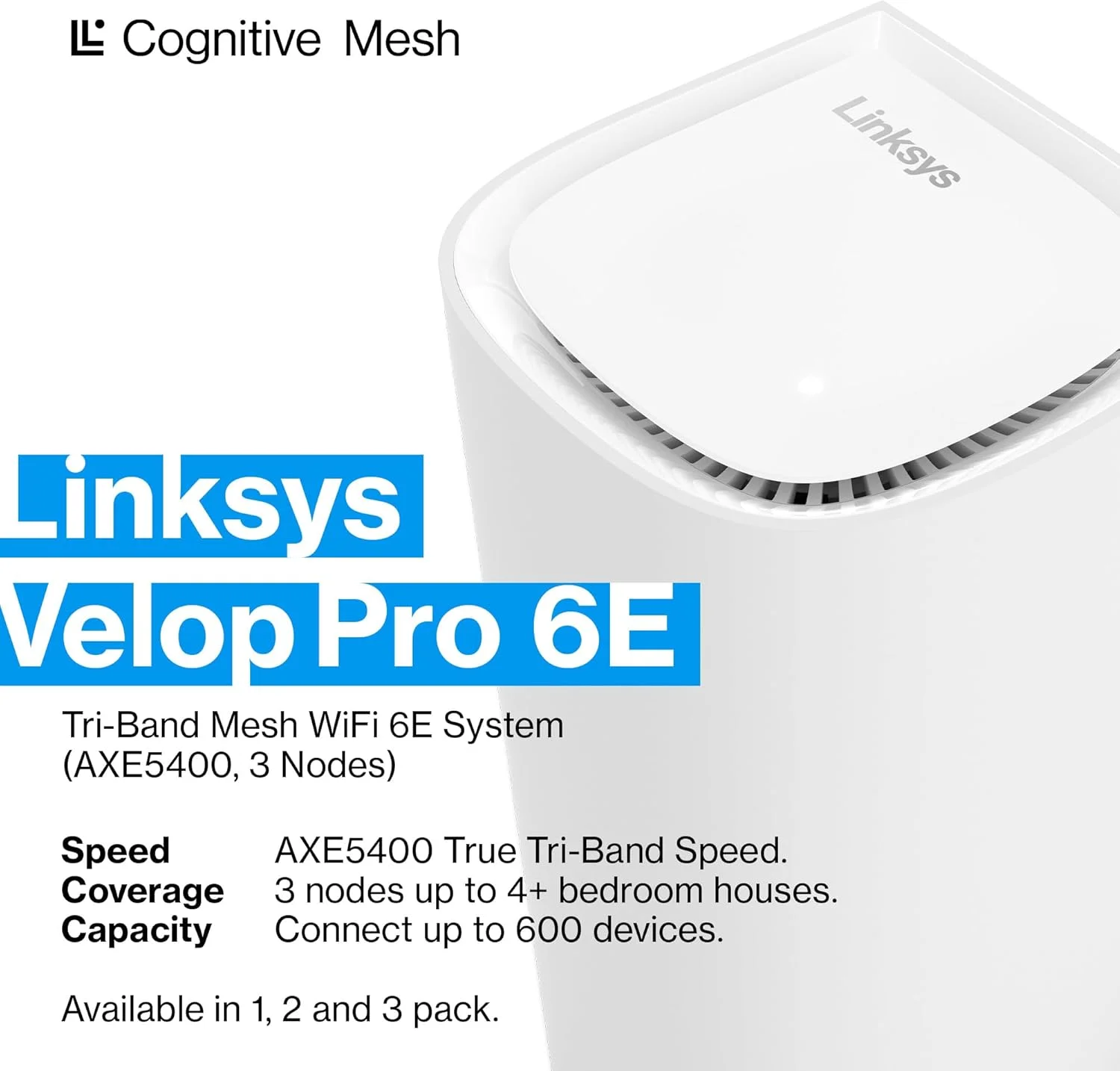 سیستم مش وای فای 6E سه بانده Linksys Velop Pro مدل MX6203-KE - روتر مش شناختی با دسترسی به باند 6 گیگاهرتز و سرعت گیگابیتی واقعی 5.4 گیگابیت بر ثانیه - پوشش کل خانه تا 9000 فوت مربع و 200 دستگاه - بسته 3 عددی