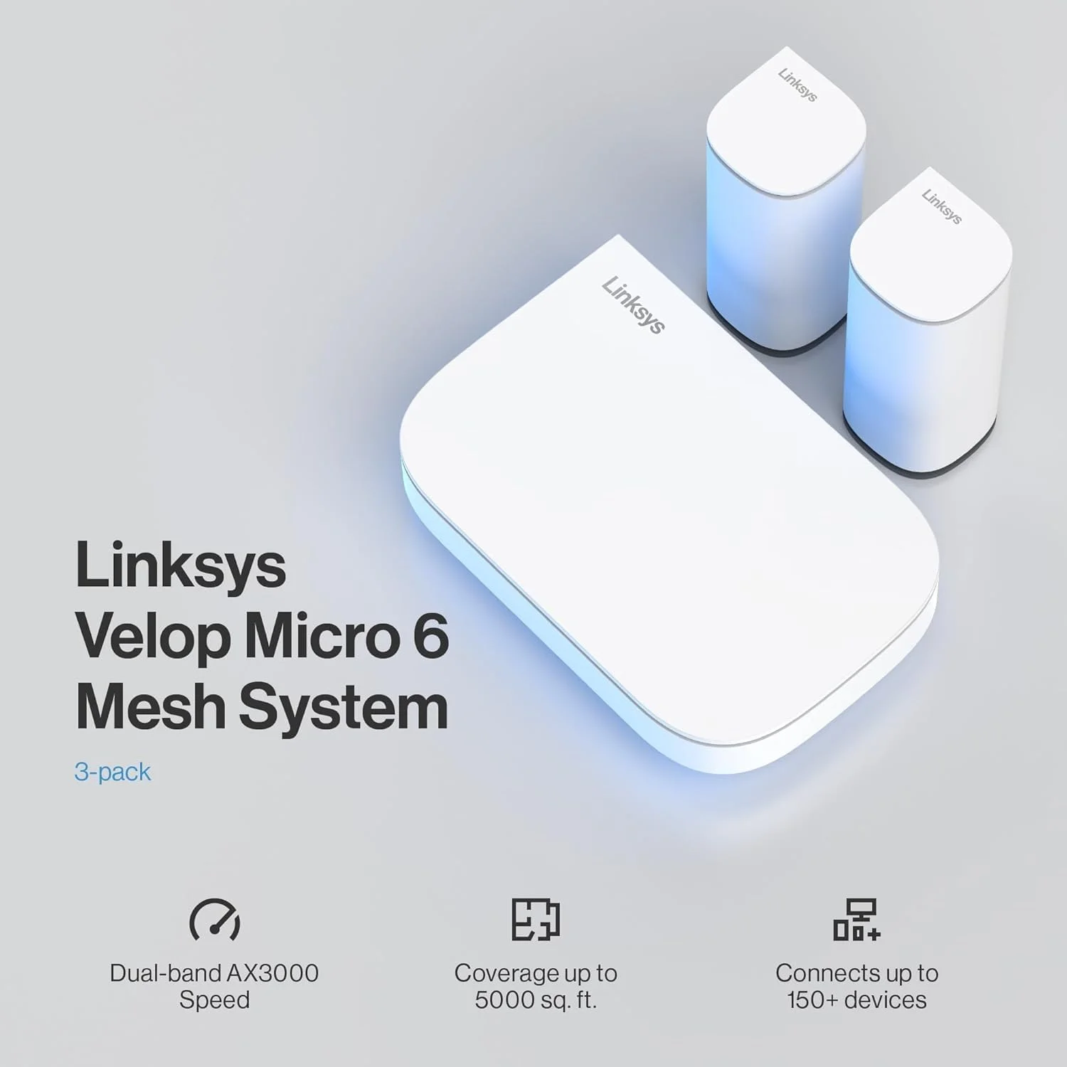 سیستم وای فای مش دو بانده Linksys Velop Micro 6 - روتر وای فای 6 با سرعت تا 3 گیگابیت بر ثانیه، پوشش 465 متر مربع، پشتیبانی از 150+ دستگاه - جایگزین روتر و توسعه دهنده اینترنت، بسته 3 عددی