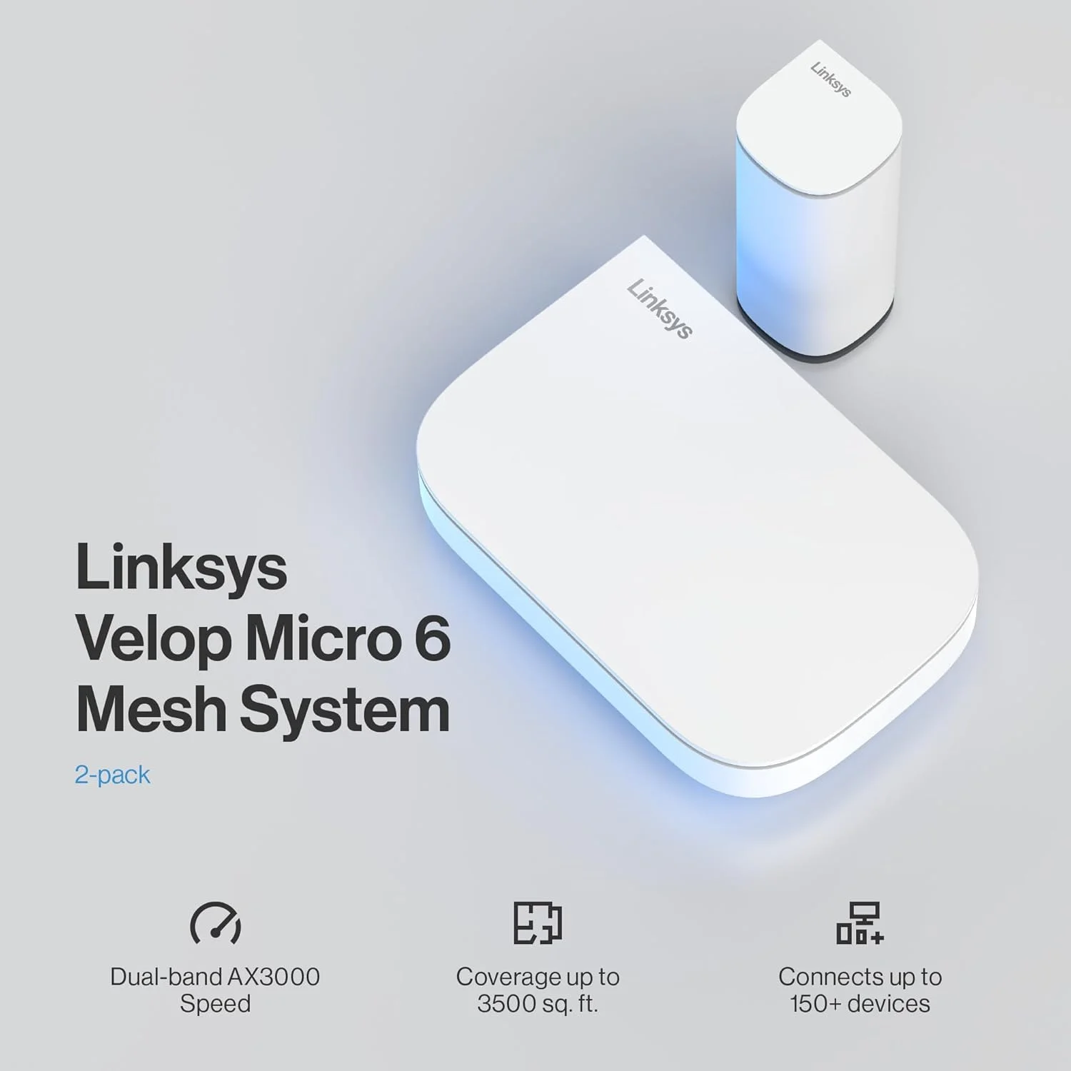 سیستم وای فای مش دو بانده Linksys Velop Micro 6 - روتر گیمینگ گیگابیتی وای فای 6 با سرعت تا 3 گیگابیت بر ثانیه، پوشش 325 متر مربع و پشتیبانی از 150+ دستگاه - جایگزین روتر و توسعه دهنده اینترنت، بسته 2 عددی
