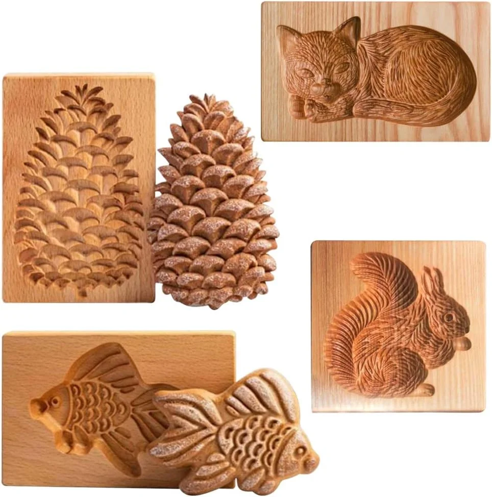 یانگشاین 4 تکه قالب چوبی کلوچه، قالب چوبی حکاکی شده، مهر کلوچه DIY، قالب های برش کلوچه، قالب برجسته سازی سه بعدی خنده دار با طرح حیوانات، ابزار پخت