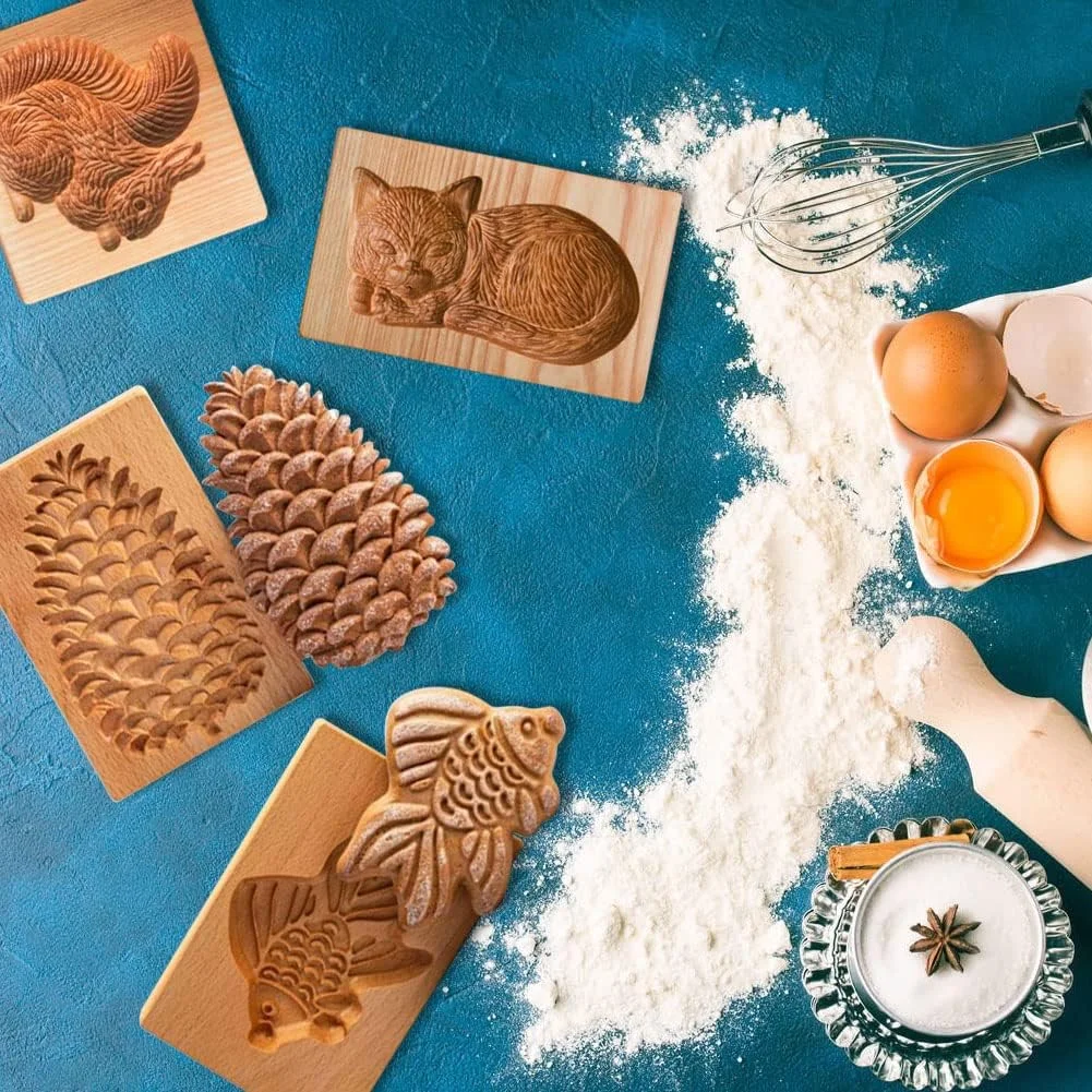 یانگشاین 4 تکه قالب چوبی کلوچه، قالب چوبی حکاکی شده، مهر کلوچه DIY، قالب های برش کلوچه، قالب برجسته سازی سه بعدی خنده دار با طرح حیوانات، ابزار پخت