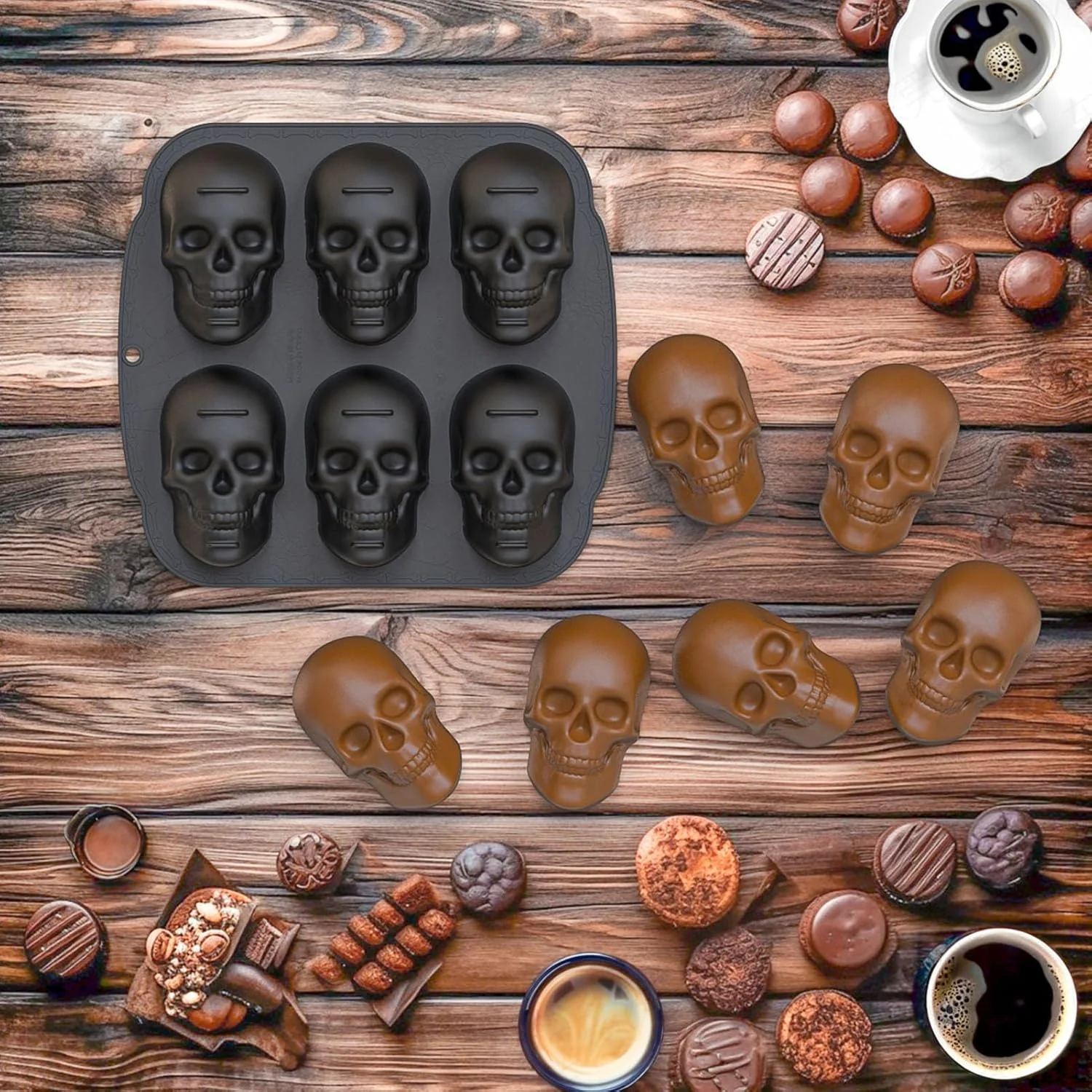 قالب پخت کیک طرح جمجمه VELATEMOR، سیلیکون نرم، قالب کیک سر اسکلت هالووین، مناسب برای شکلات، آب نبات و یخ