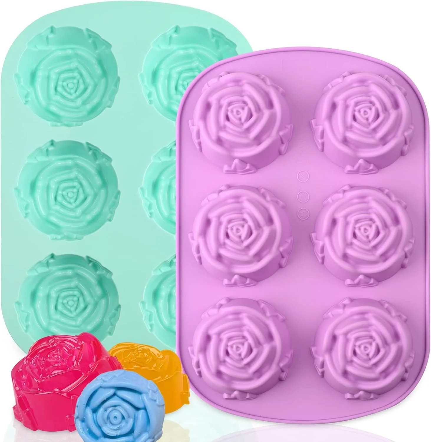 قالب سیلیکونی 6 حفره ای ویلگو 2 عددی طرح گل رز، قالب های سیلیکونی نچسب برای شکلات، قالب یخ، کوکی، کاپ کیک و ژله