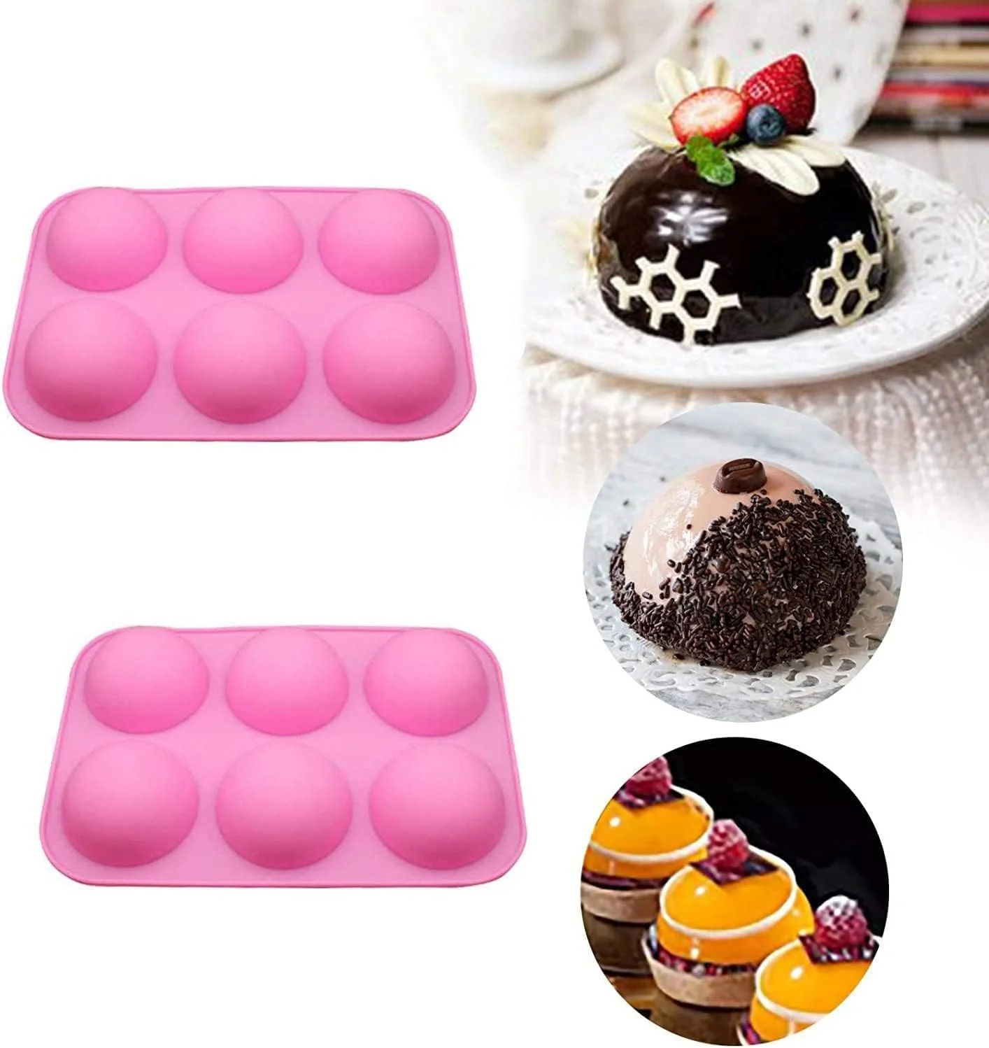 قالب سیلیکونی کروی 6 حفره SYOSI برای شکلات، قالب های سیلیکونی نیم کره متوسط برای پخت، پخت کاپ کیک بدون BPA، قالب های سیلیکونی برای ساخت شکلات، کیک، ژله، موس گنبدی (2 عدد، صورتی)