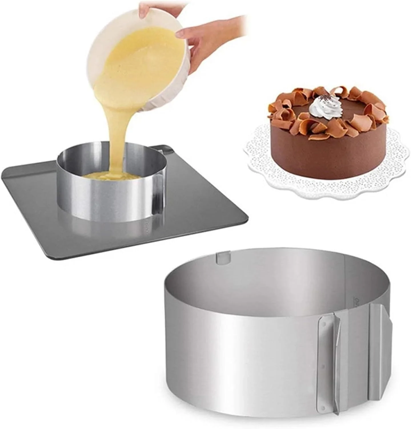 قالب حلقه کیک قابل تنظیم جمع شونده Swascoger (6-12 اینچ) - حلقه موس استیل ضد زنگ، بدون نیاز به برش، ابزار پخت (1 بسته)، ست ابزار پخت حلقه موس قلبی استیل ضد زنگ جمع شونده
