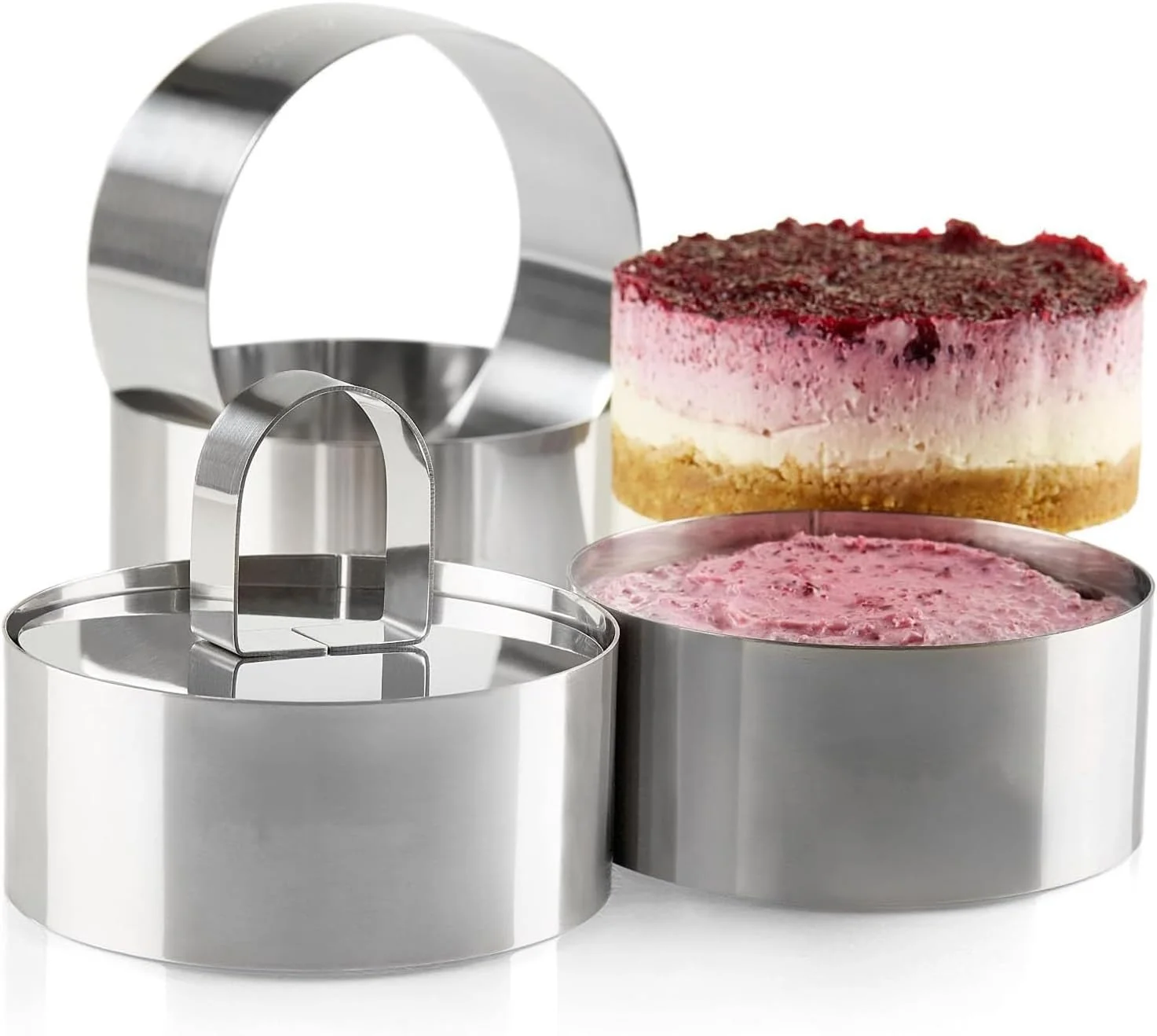 حلقه های آشپزی فنری X، بسته 4 عددی قالب های حلقه آشپزی حرفه ای با فشار دهنده، ست حلقه های آشپزی استیل ضد زنگ با فشار دهنده، قالب های موس دسر حلقه های آشپزی گرد برای پخت شیرینی و دسر