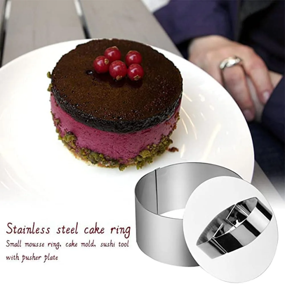 حلقه های آشپزی فنری X، بسته 4 عددی قالب های حلقه آشپزی حرفه ای با فشار دهنده، ست حلقه های آشپزی استیل ضد زنگ با فشار دهنده، قالب های موس دسر حلقه های آشپزی گرد برای پخت شیرینی و دسر
