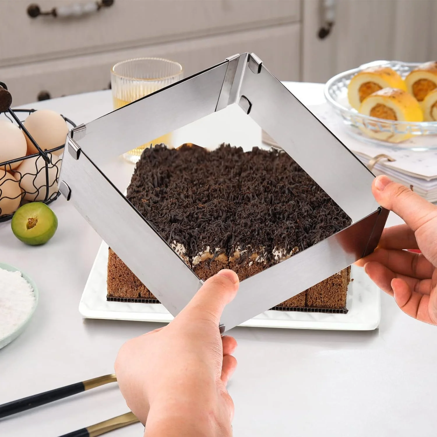 قالب کیک مربعی قابل تنظیم تزویق، بسته 2 عددی، حلقه های موس کیک استیل ضد زنگ 6 تا 11 اینچ، قالب های پخت، ابزار شیرینی پزی برای کیک تولد (ارتفاع 5 سانتی متر / 8 سانتی متر)