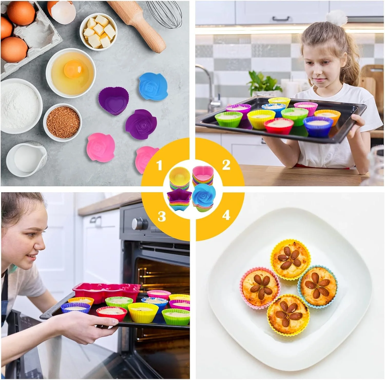قالب سیلیکونی کاپ کیک، 20 عدد قالب کاپ کیک سیلیکونی قالب مافین سیلیکونی قابل استفاده مجدد قالب نچسب ظروف پخت مافین آستر پخت برای قالب کیک قالب سیلیکونی مافین، چند رنگ