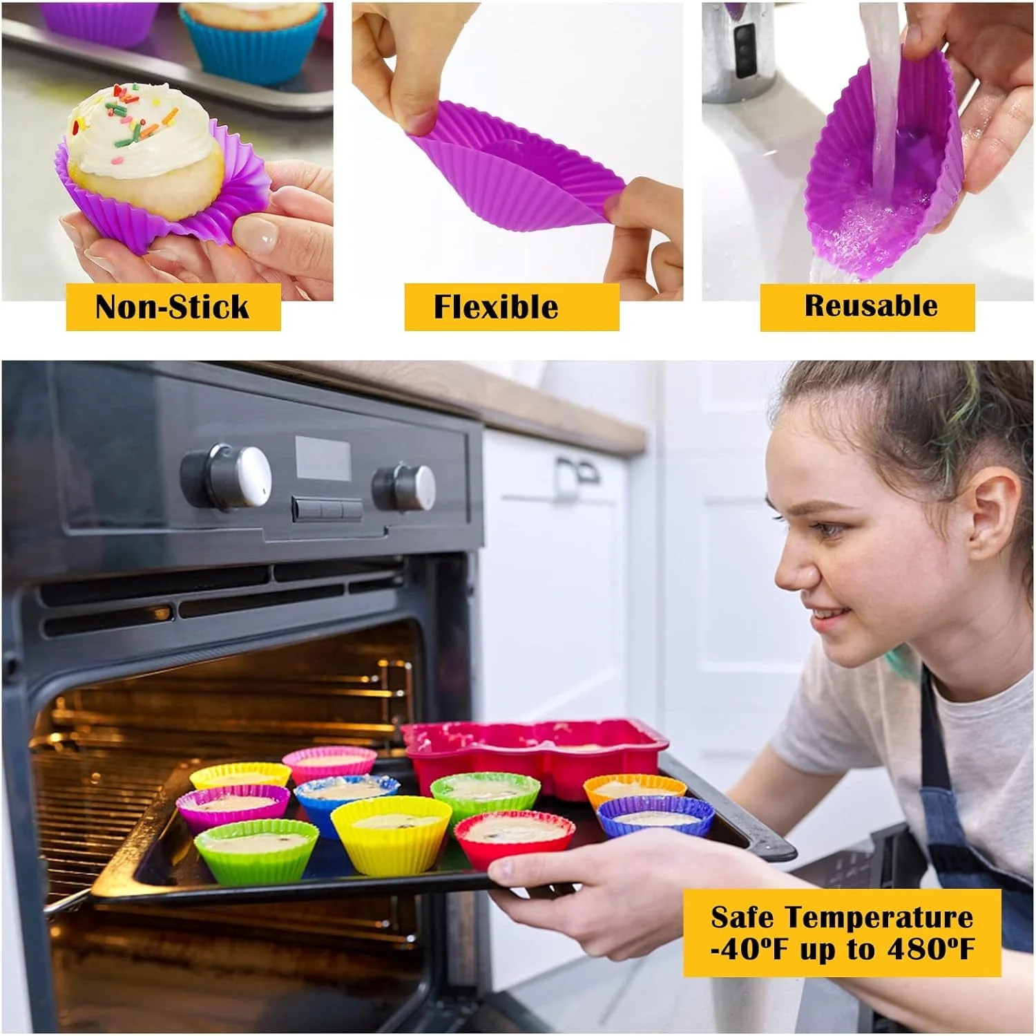 قالب سیلیکونی کاپ کیک، 20 عدد قالب کاپ کیک سیلیکونی قالب مافین سیلیکونی قابل استفاده مجدد قالب نچسب ظروف پخت مافین آستر پخت برای قالب کیک قالب سیلیکونی مافین، چند رنگ