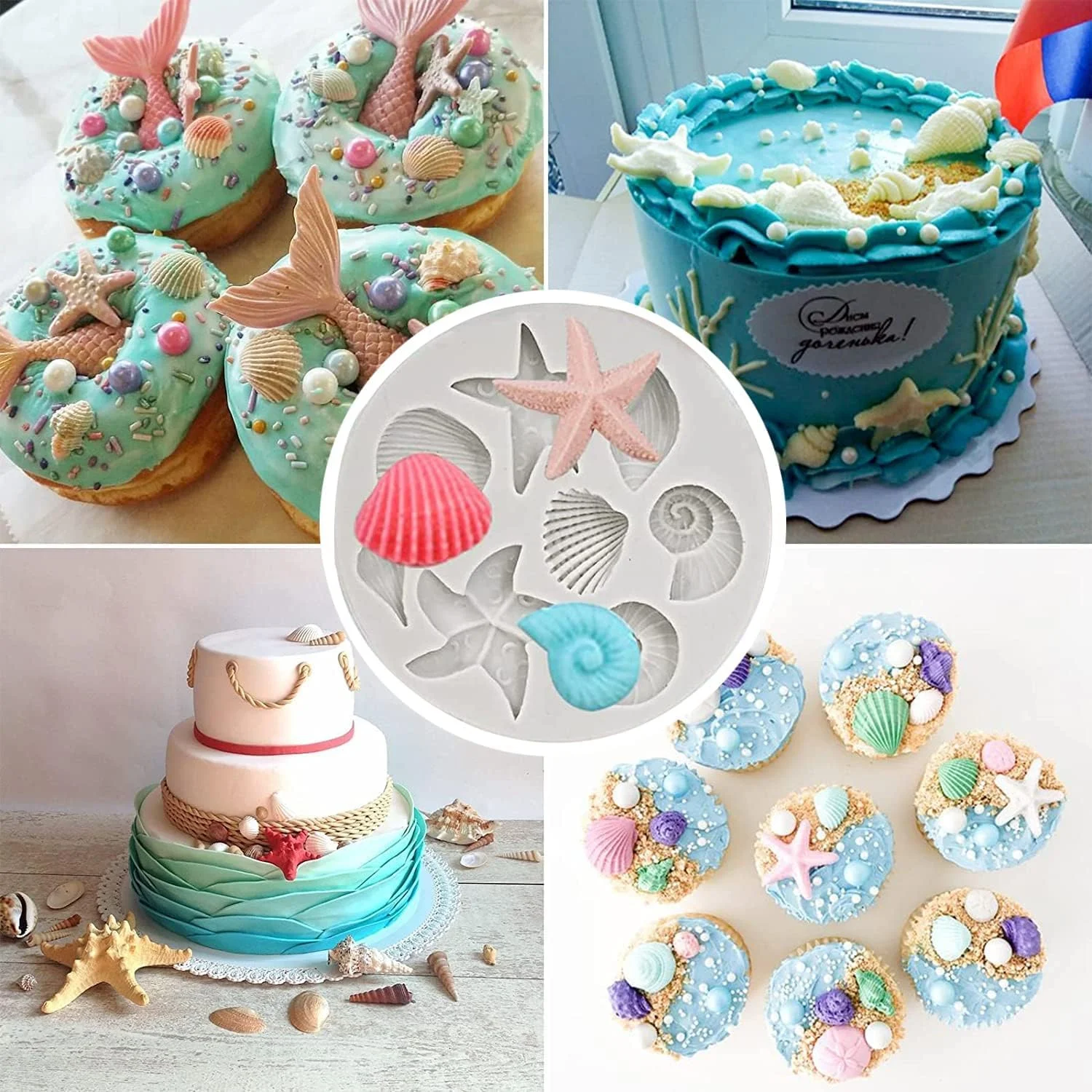 قالب سیلیکونی فوندانت کیک با طرح دریایی 3 عددی، قالب های پخت صدف حلزون ستاره دریایی مرجانی، ابزارهای پخت شکلات صدف دریایی برای تزئین کیک DIY، پروژه های ساخت شکلات آب نبات خمیر پلیمری