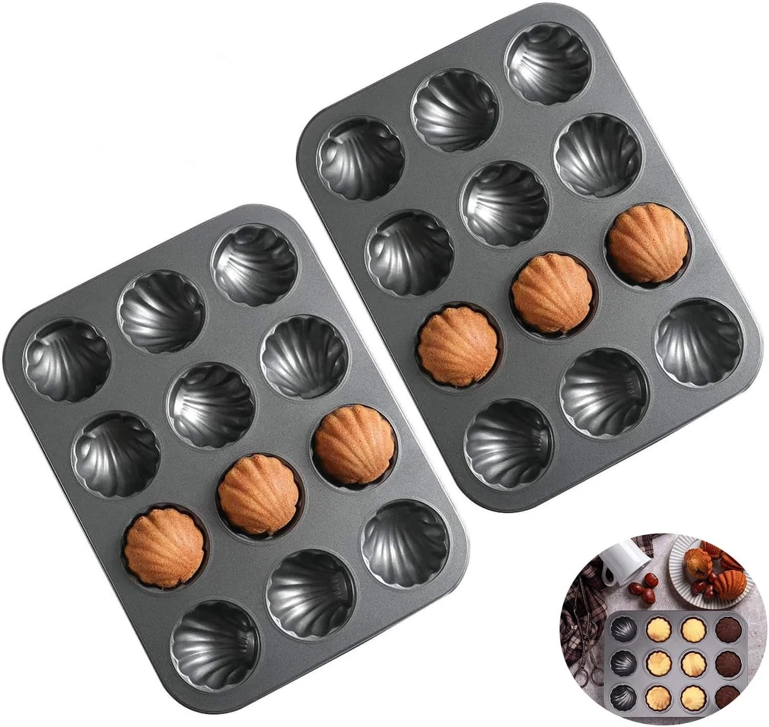 قالب شیرینی مادلین X Spring، بسته 2 عددی، 12 حفره، نچسب، مقاوم در برابر تاب برداشتن، قالب کیک مادلین طرح صدف، قالب کیک برای پخت (مشکی)