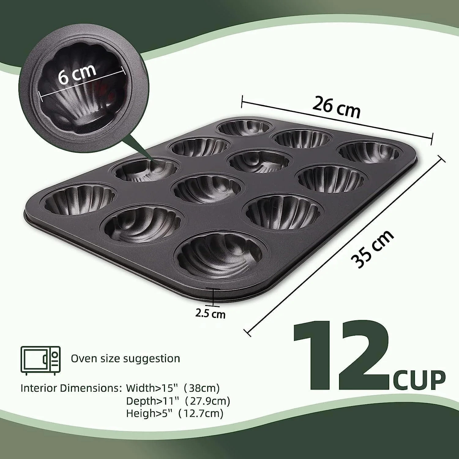 قالب شیرینی مادلین X Spring، بسته 2 عددی، 12 حفره، نچسب، مقاوم در برابر تاب برداشتن، قالب کیک مادلین طرح صدف، قالب کیک برای پخت (مشکی)