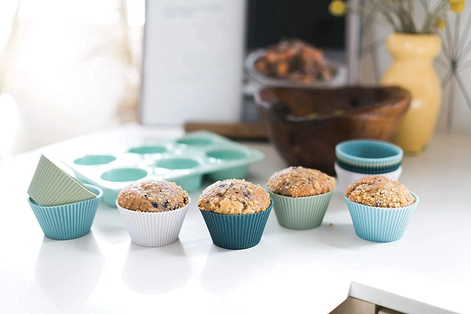 بسته 12 عددی قالب مافین سیلیکونی، قالب کیک کاپ کیک قابل استفاده مجدد، بدون BPA، قابل شستشو در ماشین ظرفشویی