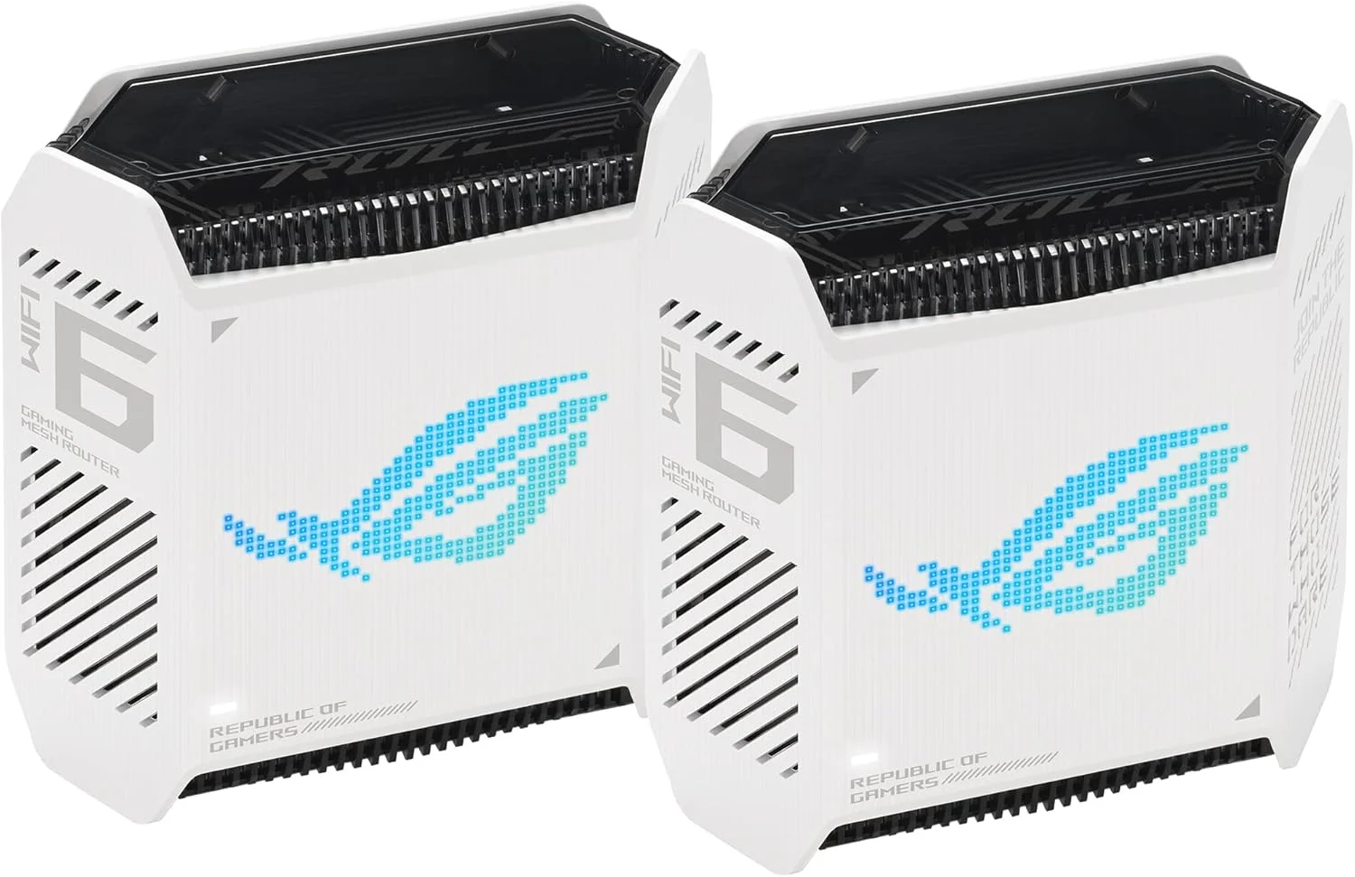 سیستم مش وای فای 6 گیمینگ سه بانده ایسوس ROG Rapture GT6 (2PK) AX10000، پوشش تا 540 متر مربع، پورت 2.5 گیگابیتی، شتاب دهنده سه سطحی بازی، UNII 4، امنیت اینترنت مادام العمر رایگان، سفید مهتابی
