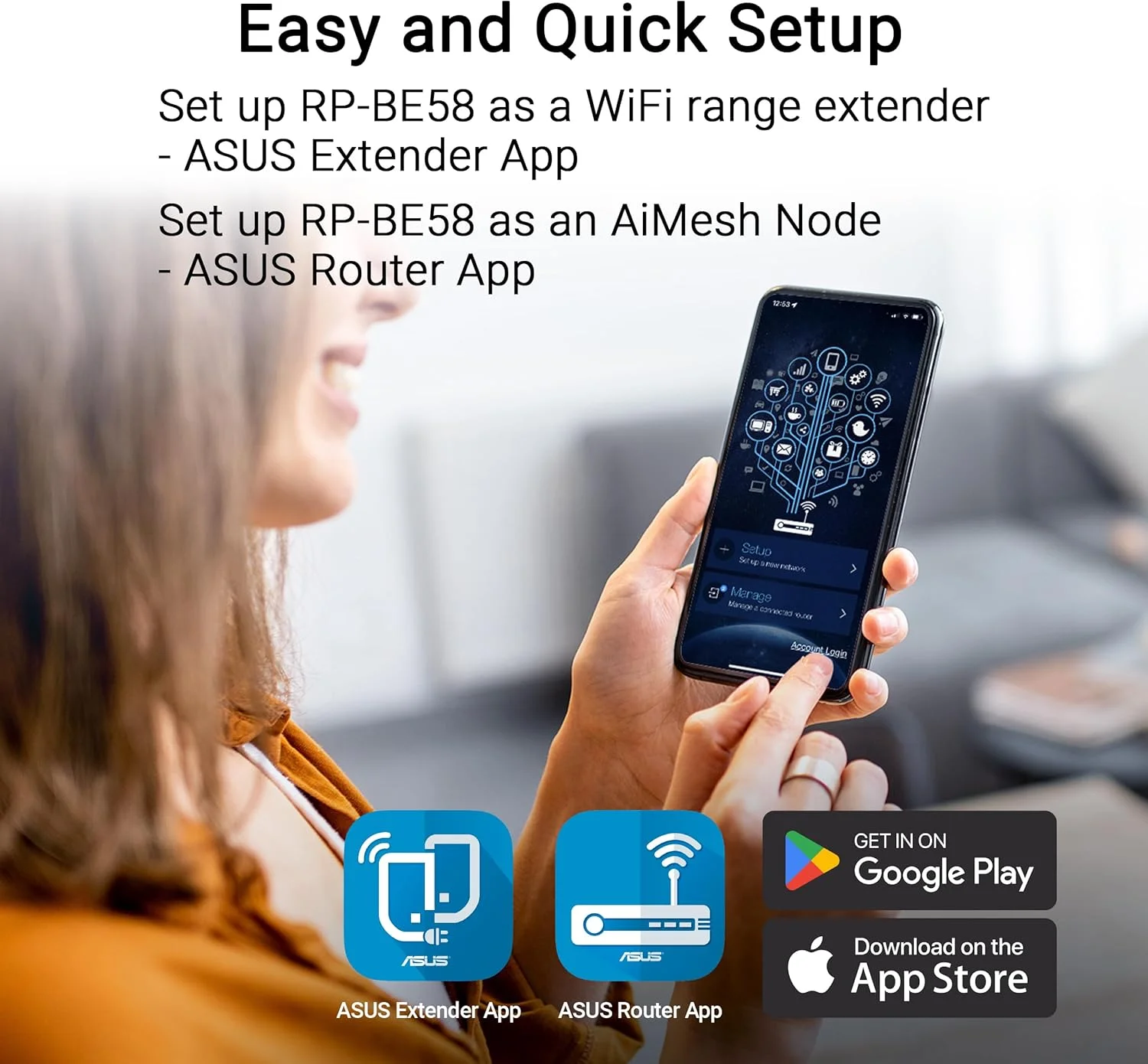 تقویت کننده محدوده وای فای ASUS RP-BE58 BE3600 دو بانده WiFi 7 (802.11be)، توسعه دهنده AiMesh برای وای فای مش یکپارچه؛ سازگار با هر روتر وای فای
