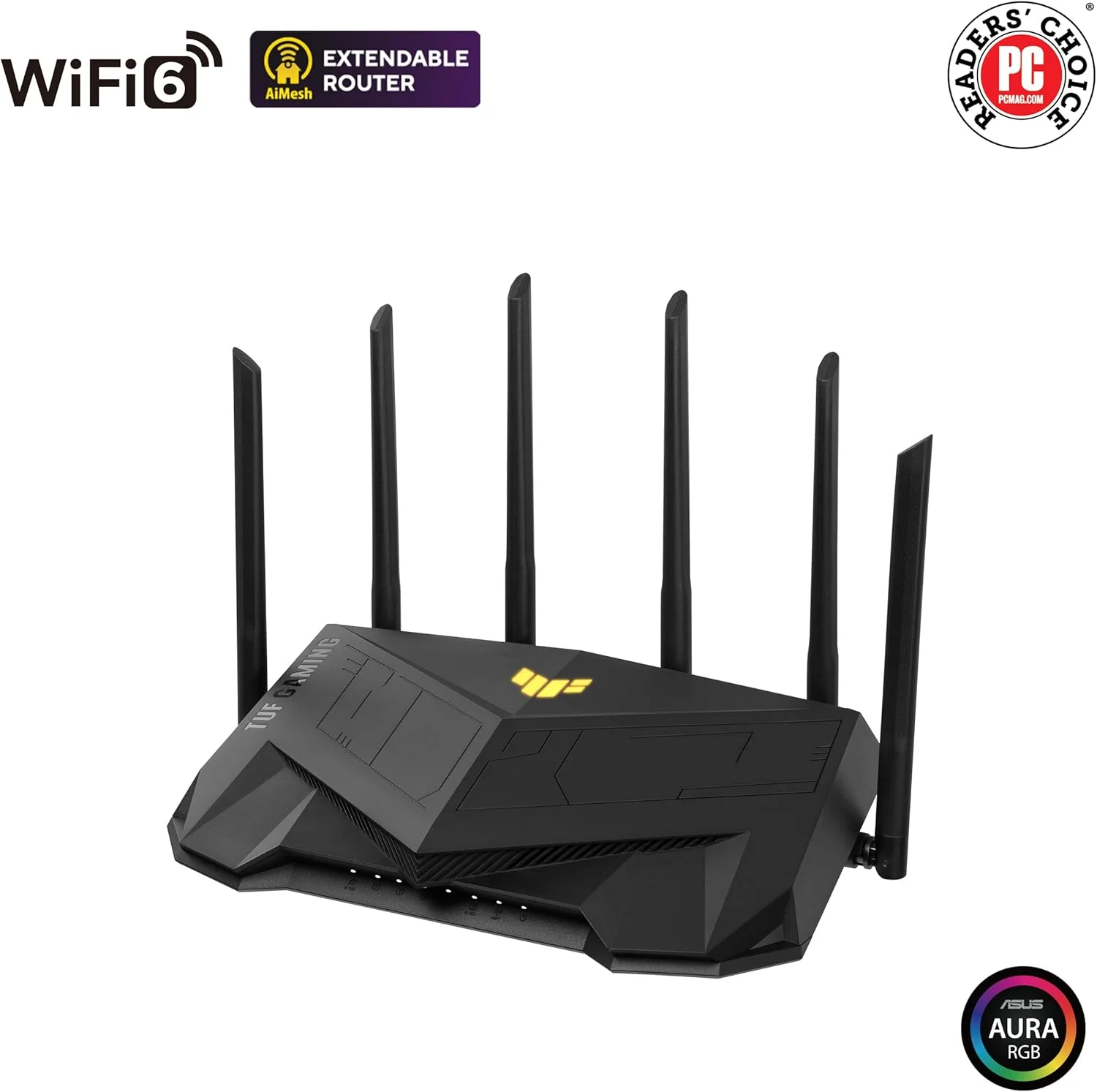 روتر گیمینگ ASUS TUF Gaming WiFi 6 (TUF-AX6000) - پورت اختصاصی گیمینگ، پورت دوگانه 2.5G، انتقال پورت 3 مرحله ای، روتر قابل توسعه با AiMesh، امنیت شبکه AiProtection Pro، نورپردازی Aura RGB