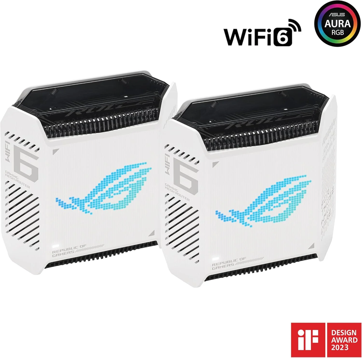 سیستم مش وای فای 6 گیمینگ سه بانده ایسوس ROG Rapture GT6 (2PK) AX10000، پوشش تا 540 متر مربع، پورت 2.5 گیگابیتی، شتاب دهنده سه سطحی بازی، UNII 4، امنیت اینترنت مادام العمر رایگان، سفید مهتابی