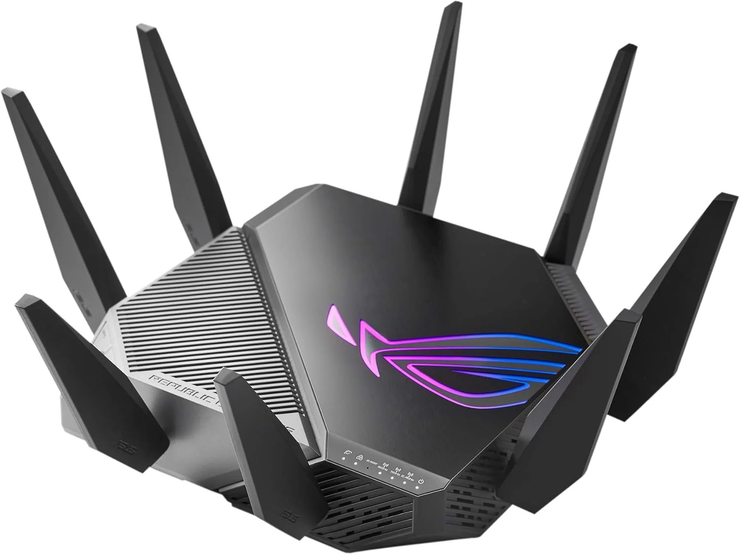 روتر گیمینگ سه بانده گیگابیتی Asus WiFi 6 مدل ROG GTAXE11000 Rapture 802.11ax با سرعت 114848044804 مگابیت بر ثانیه، دارای 5 پورت اترنت LAN (RJ45) با سرعت 1010010002500 مگابیت بر ثانیه، پشتیبانی از MUMiMO، بله/خیر