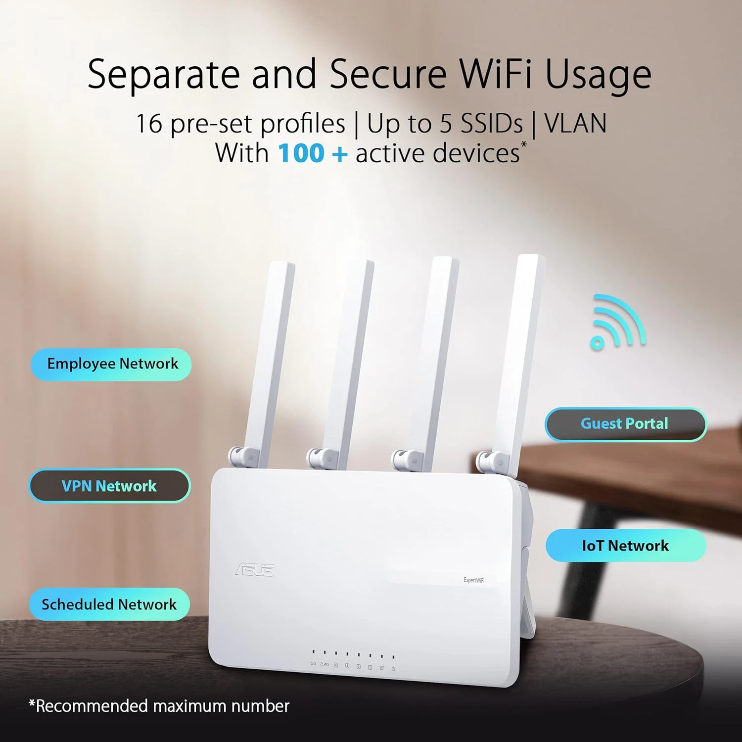 اکسس پوینت همه کاره ASUS ExpertWiFi EBR63 AX3000 با روتر، سوئیچ و درگاه امنیتی، پشتیبانی از 5 SSID و VLAN، پورتال مهمان سفارشی، امنیت شبکه درجه تجاری - سفید