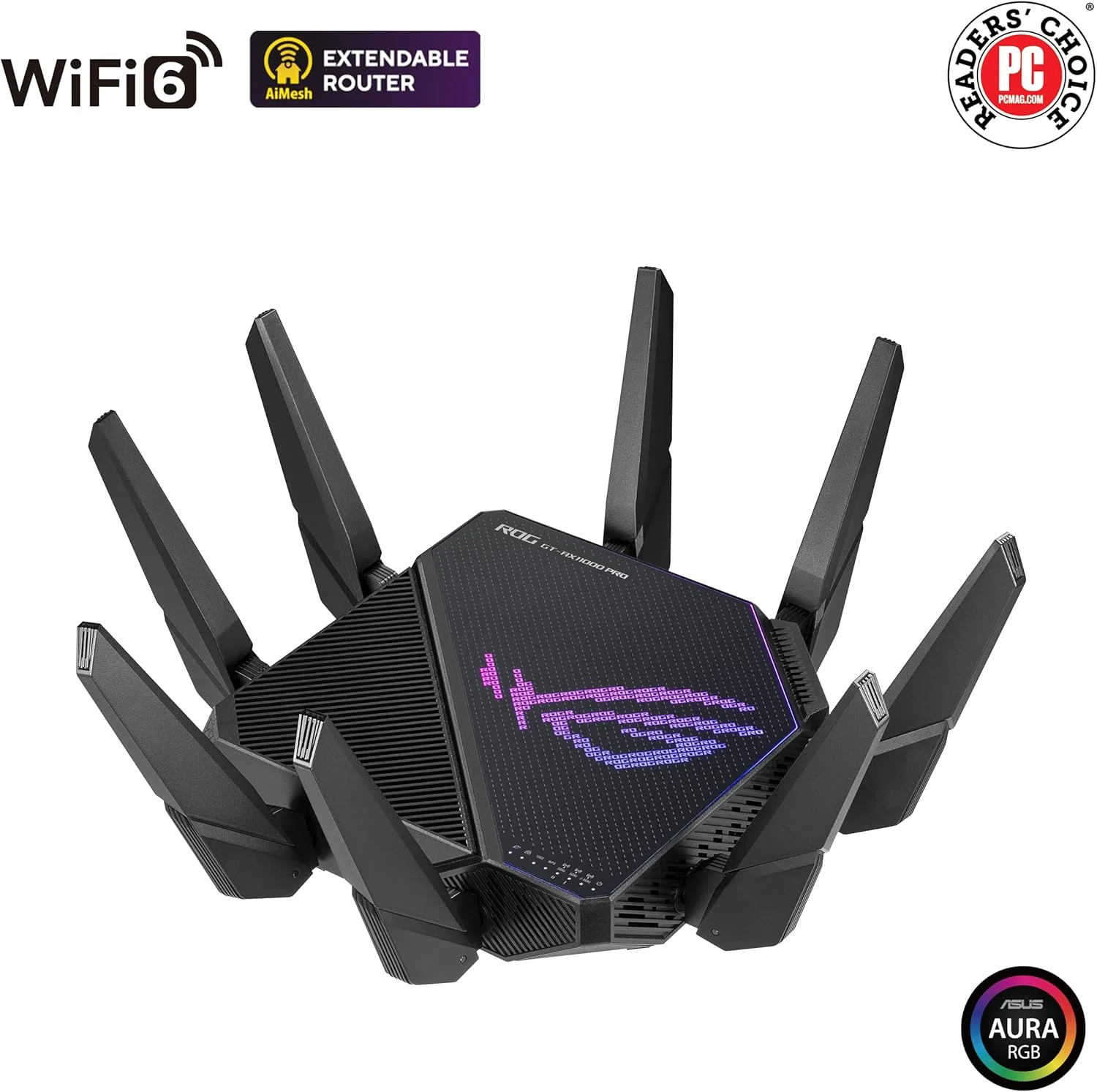 روتر گیمینگ سه بانده وای فای 6 ایسوس ROG Rapture GT-AX11000 Pro، شتاب دهنده بازی سه سطحی، سازگار با AiMesh - مشکی