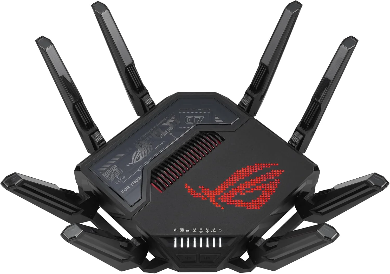 روتر گیمینگ ASUS ROG Rapture GT-BE98 چهار بانده WiFi 7 AiMesh با قابلیت توسعه، 25 گیگابیت بر ثانیه، 320 مگاهرتز، 4K-QAM، دو پورت 10G، چهار پورت 2.5G، VPN، اتصال اینترنت 4G LTE/5G - مشکی