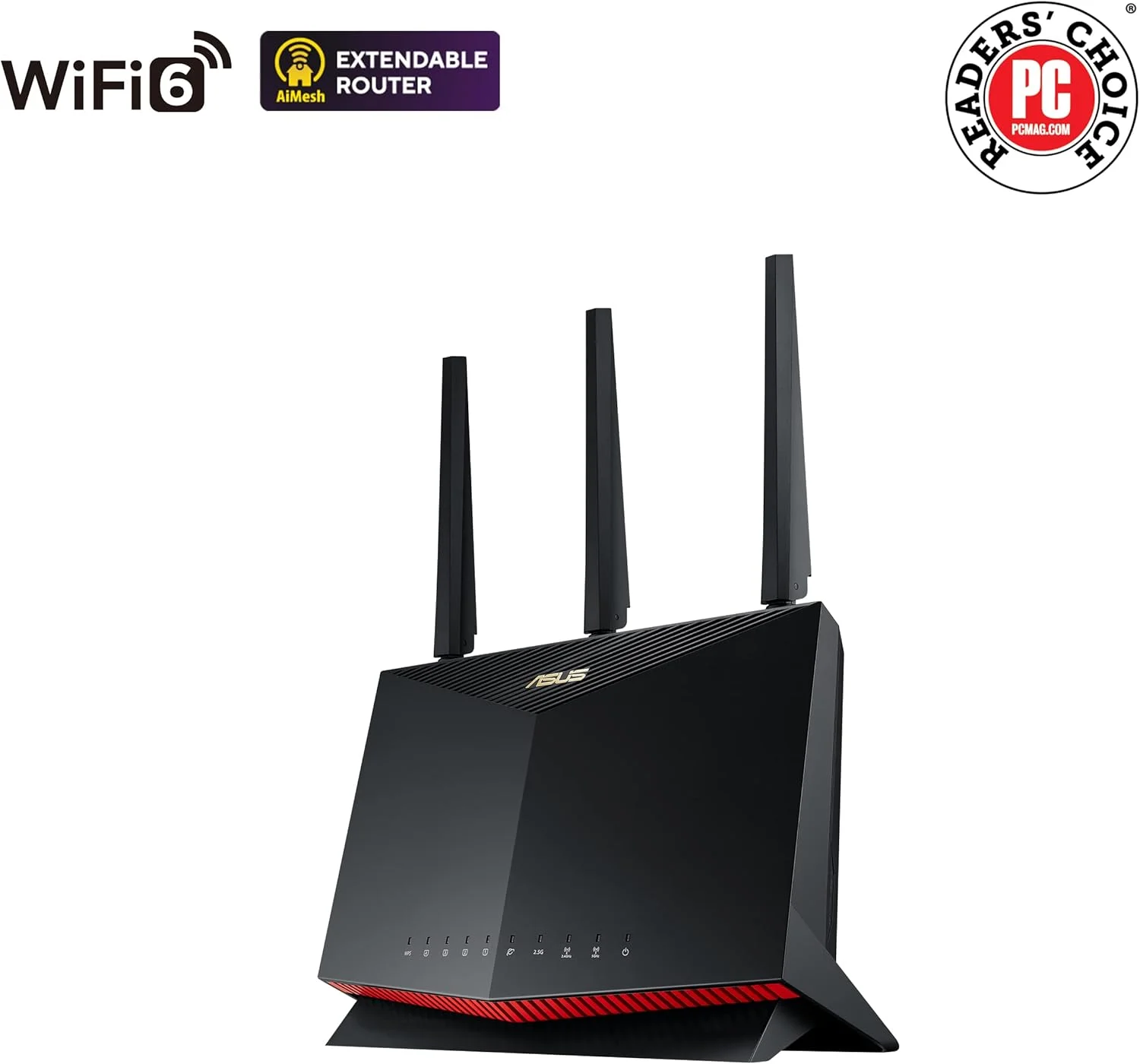 روتر گیمینگ ASUS RT-AX86U Pro (AX5700) دو بانده WiFi 6 قابل ارتقا، پورت 2.5G، پورت گیمینگ، حالت بازی موبایل، Port Forwarding، امنیت شبکه بدون اشتراک، VPN، سازگار با AiMesh