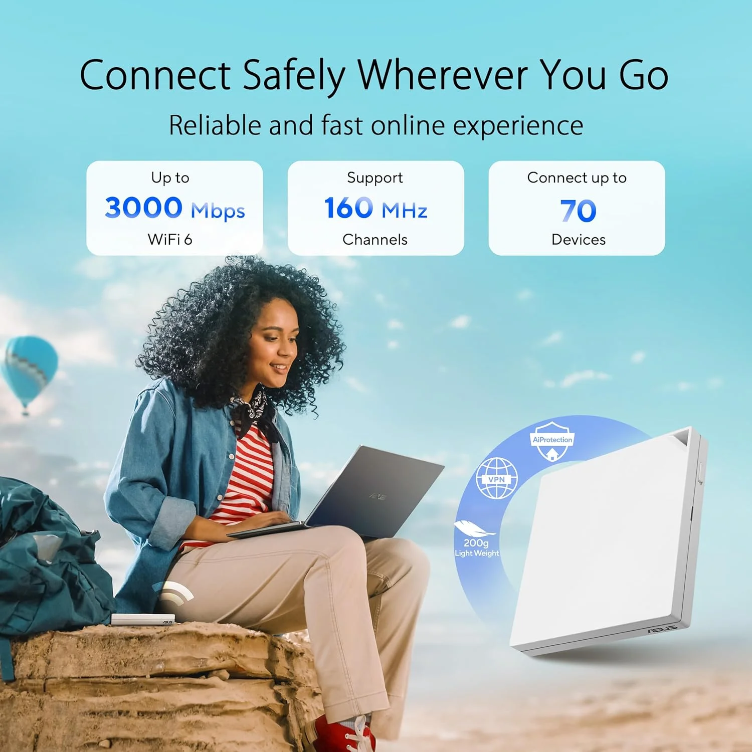 روتر مسافرتی دو بانده وای فای 6 ایسوس مدل RT-AX57 Go (AX3000)، اتصال موبایل 4G و 5G، حالت وای فای عمومی (WISP)، امنیت شبکه بدون اشتراک، VPN، راه اندازی آسان، پشتیبانی از AiMesh - سفید