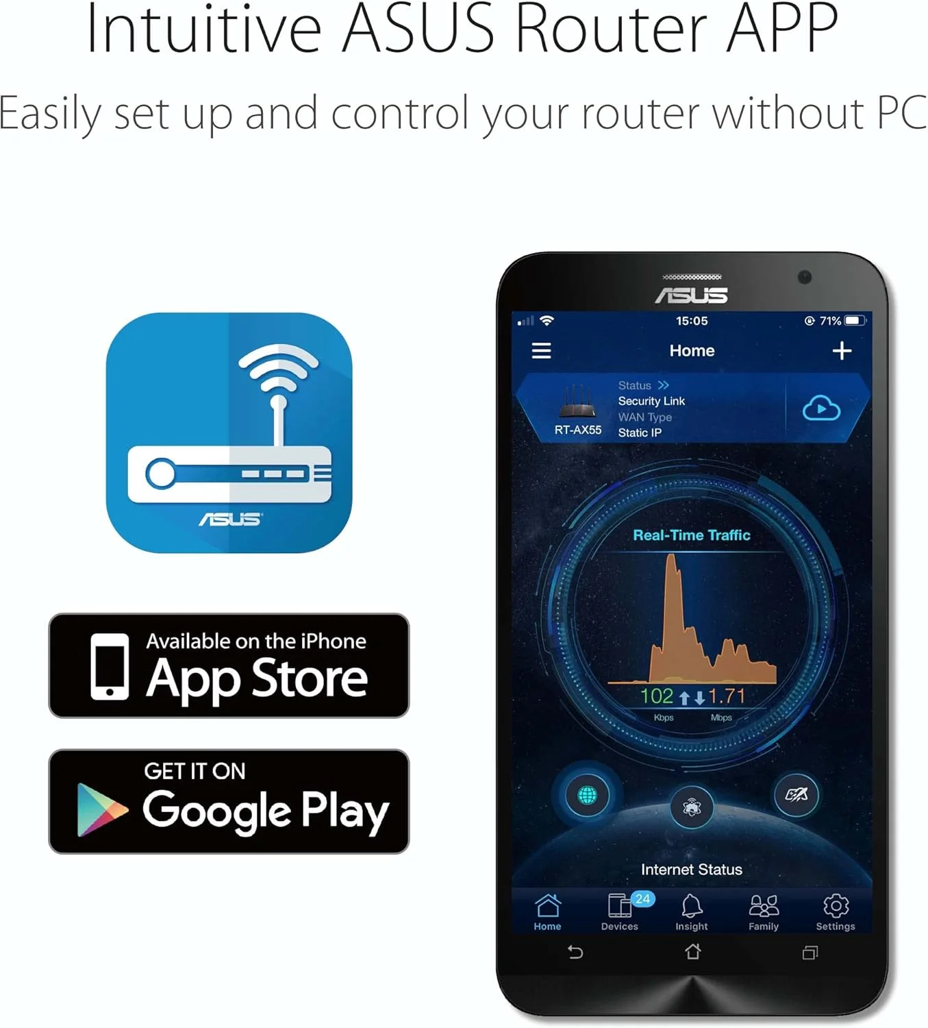 روتر توسعه‌پذیر ASUS RT-AX52 (AX1800) Dual Band WiFi 6، محافظ فوری، کنترل والدین، VPN داخلی، سازگار با AiMesh، مناسب بازی و استریمینگ، خانه هوشمند - مشکی