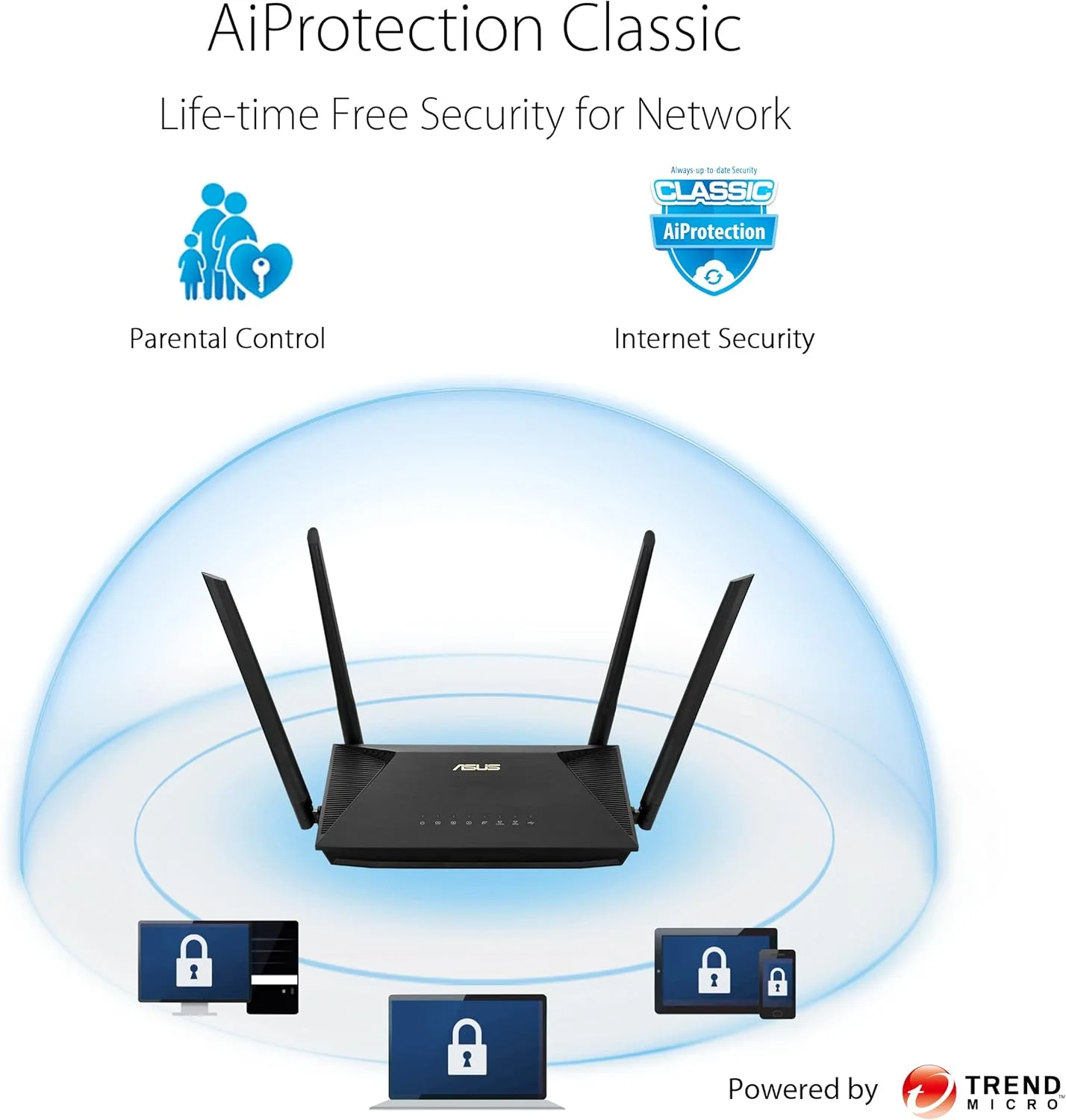 روتر توسعه‌پذیر ASUS RT-AX52 (AX1800) Dual Band WiFi 6، محافظ فوری، کنترل والدین، VPN داخلی، سازگار با AiMesh، مناسب بازی و استریمینگ، خانه هوشمند - مشکی