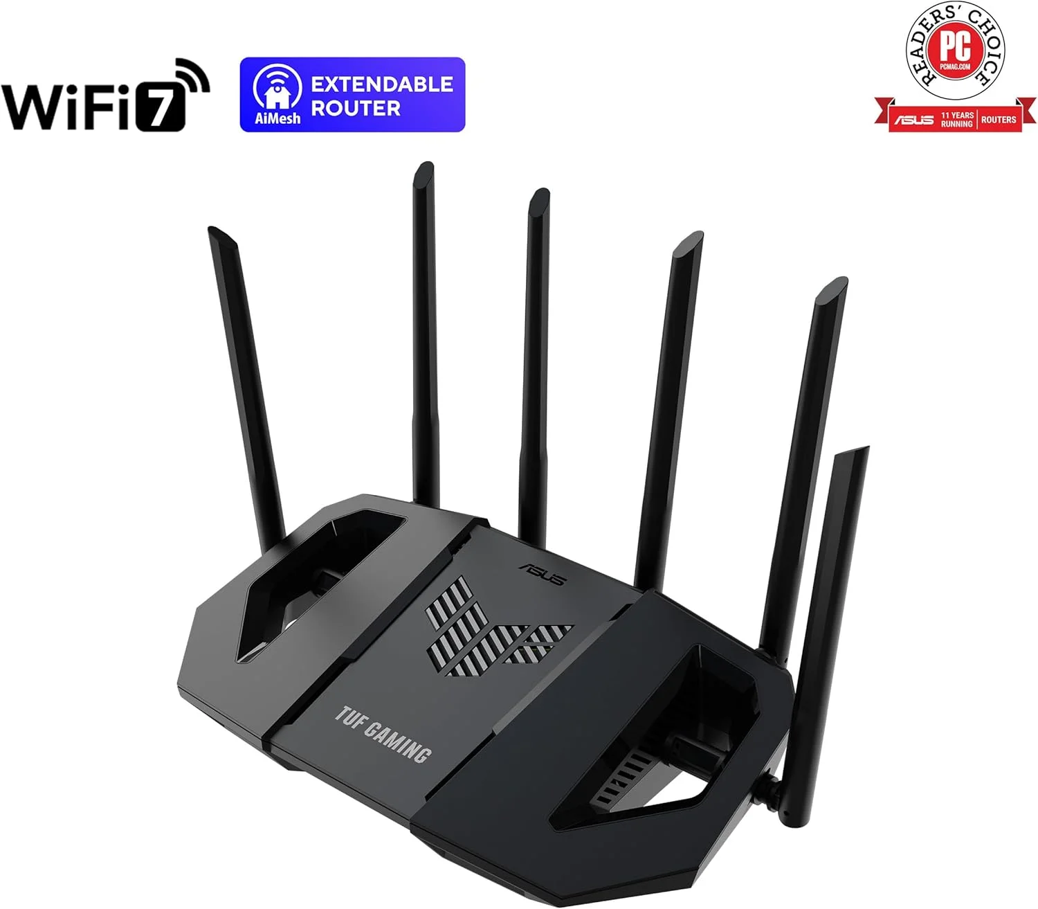 روتر گیمینگ ASUS TUF Gaming BE6500 Dual Band WiFi 7 با قابلیت توسعه: دارای چهار پورت 2.5GbE، انتقال پورت 3 مرحله ای، مستر خانه هوشمند، پشتیبانی از AiMesh و AiProtection Pro برای امنیت شبکه - مشکی