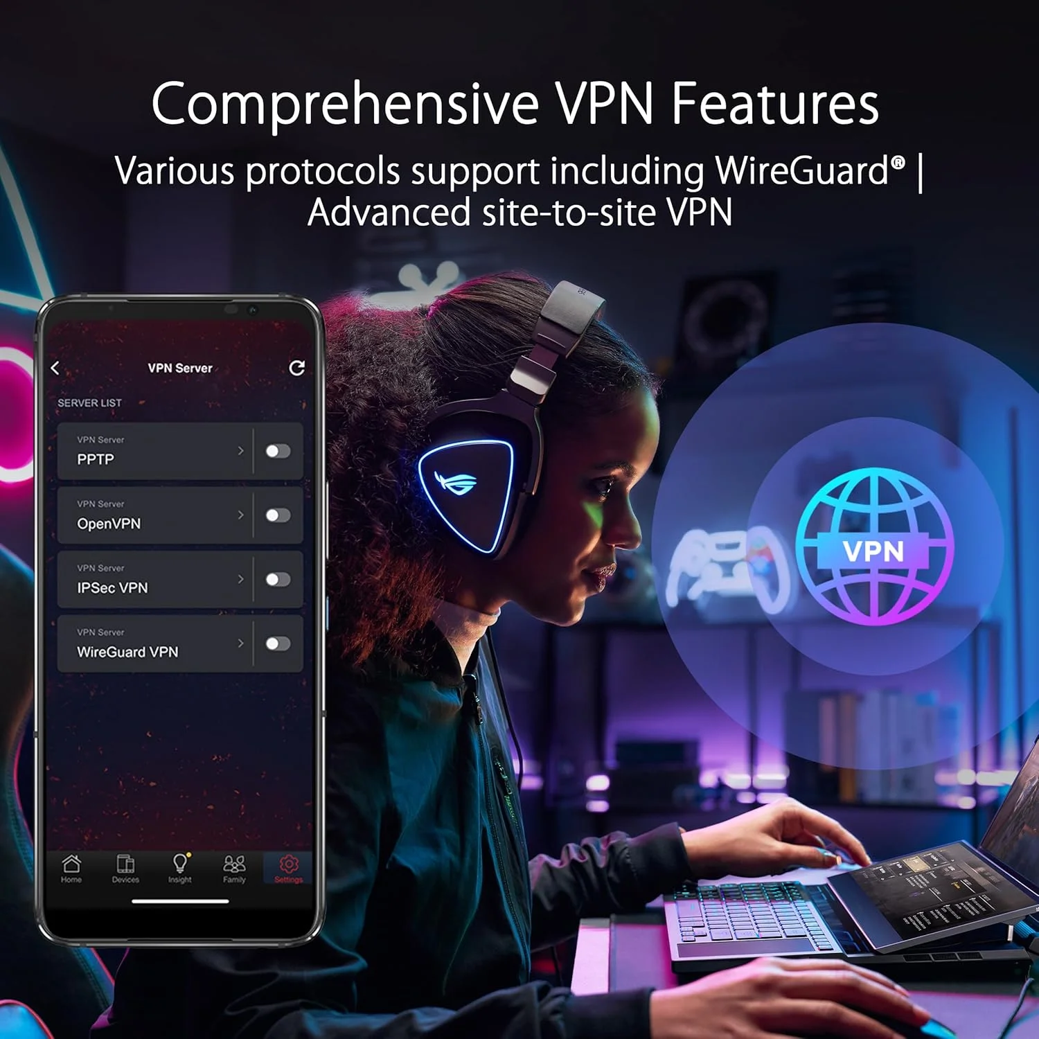 روتر گیمینگ ASUS ROG Rapture GT-BE98 چهار بانده WiFi 7 AiMesh با قابلیت توسعه، 25 گیگابیت بر ثانیه، 320 مگاهرتز، 4K-QAM، دو پورت 10G، چهار پورت 2.5G، VPN، اتصال اینترنت 4G LTE/5G - مشکی