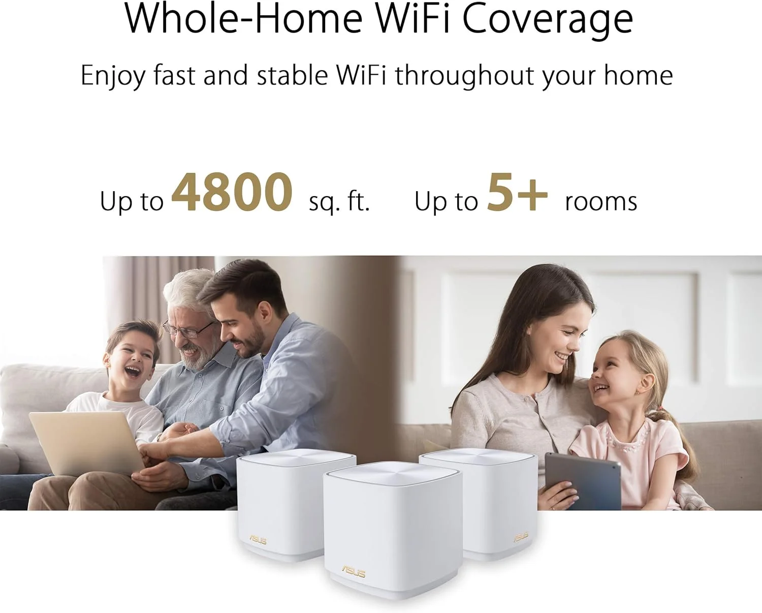 روتر بی سیم ASUS Xd4 Wifi Mini گیگابیتی اترنت سه بانده، Ax1800 6، 2.4 گیگاهرتز/5 گیگاهرتز، 2X Lan، 3 واحد، بسته 3 عددی - سفید