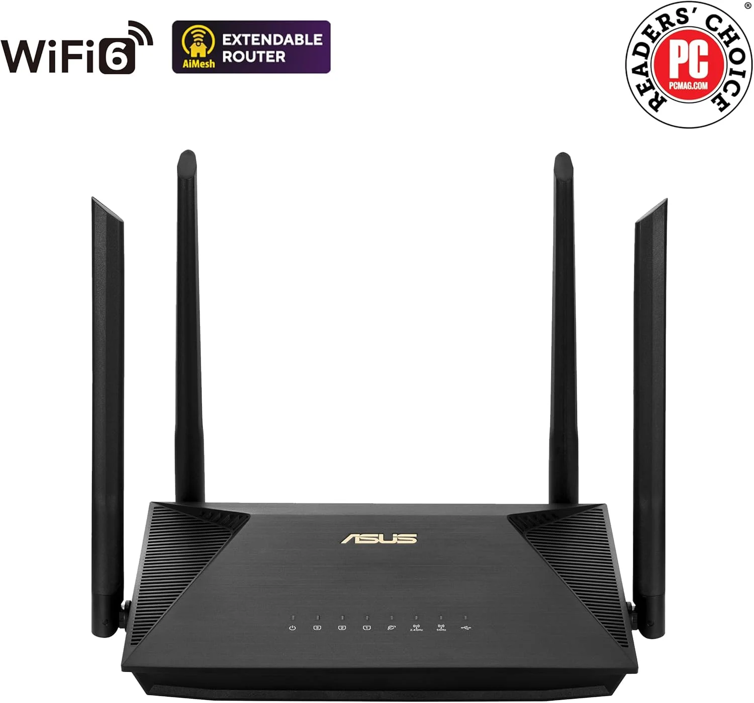 روتر توسعه‌پذیر ASUS RT-AX52 (AX1800) Dual Band WiFi 6، محافظ فوری، کنترل والدین، VPN داخلی، سازگار با AiMesh، مناسب بازی و استریمینگ، خانه هوشمند - مشکی