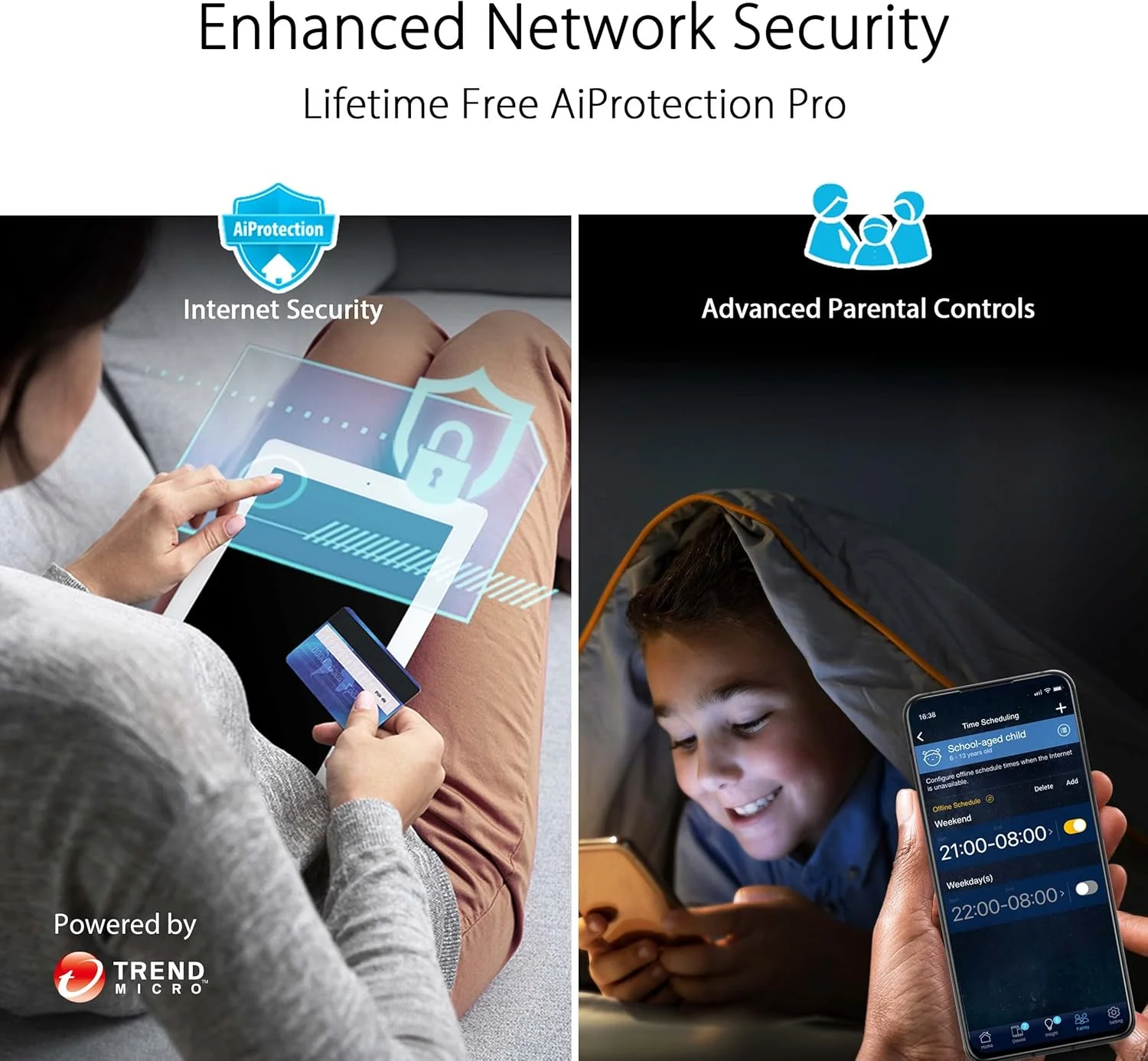 روتر توسعه‌پذیر دو بانده ASUS RT-AX5400 WiFi 6، شامل امنیت اینترنتی مادام العمر، Instant Guard، کنترل والدین پیشرفته، VPN داخلی، سازگار با AiMesh، گیمینگ و استریمینگ، خانه هوشمند