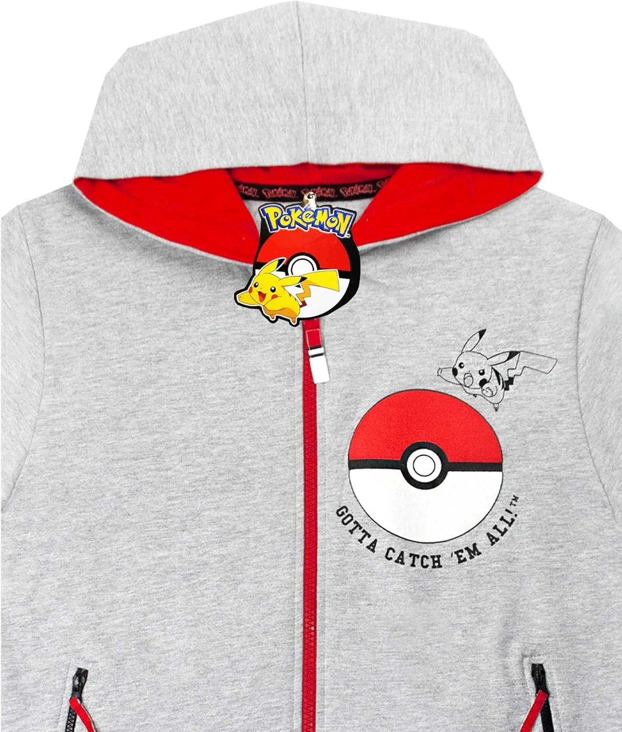 هودی پسرانه پوکمون | ژاکت زیپ دار بچه گانه Pokeball Gotta Catch Em All | سویشرت خاکستری و قرمز پیکاچو برای کودکان | آستین بلند، کلاه دار و جیب دار