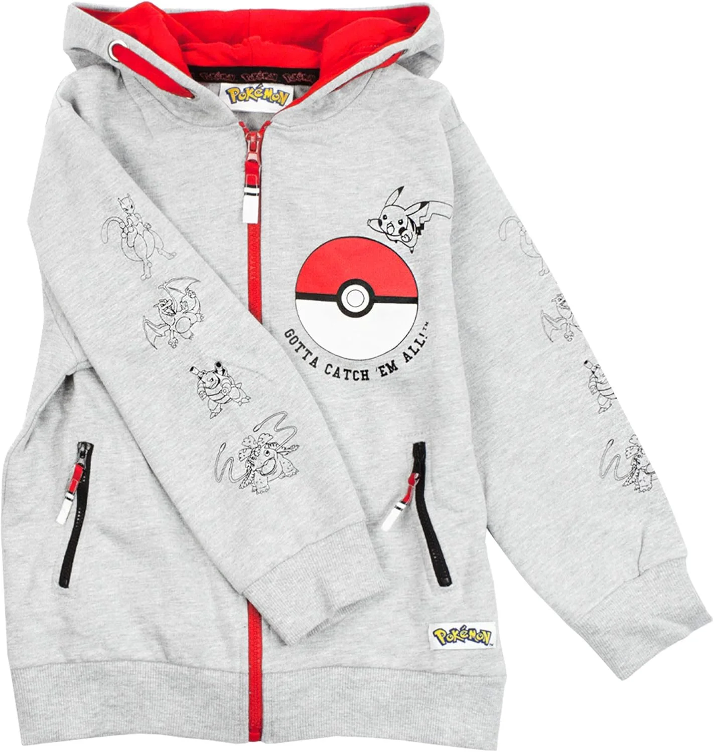 هودی پسرانه پوکمون | ژاکت زیپ دار بچه گانه Pokeball Gotta Catch Em All | سویشرت خاکستری و قرمز پیکاچو برای کودکان | آستین بلند، کلاه دار و جیب دار