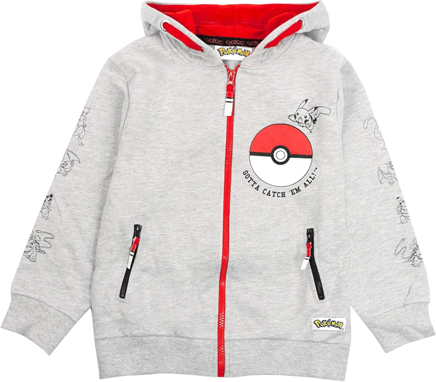 هودی پسرانه پوکمون | ژاکت زیپ دار بچه گانه پوکبال Gotta Catch Em All | سویشرت خاکستری و قرمز پیکاچو برای کودکان | آستین بلند، کلاه دار و جیب دار