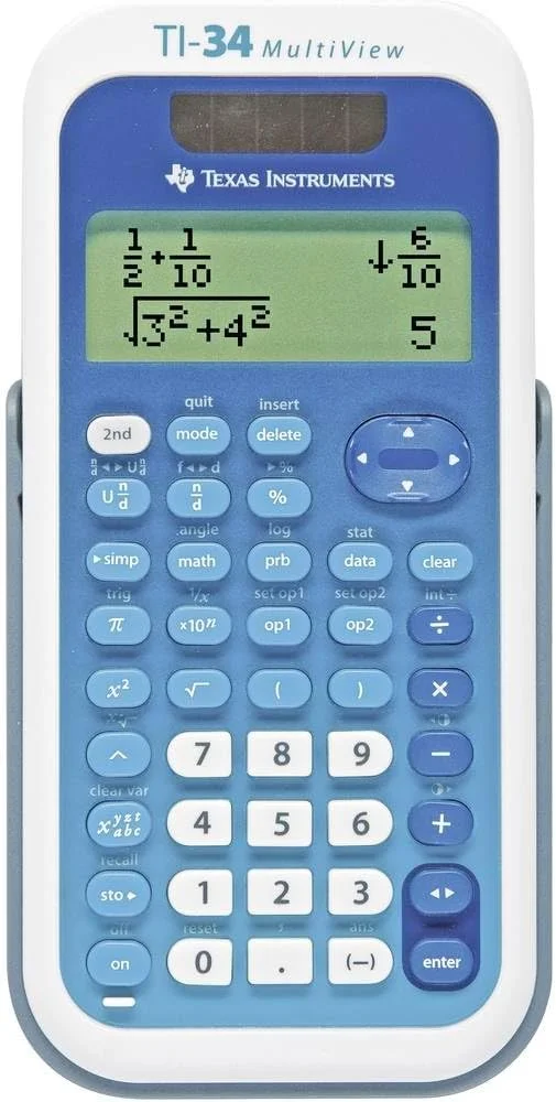 ماشین حساب مدرسه ای تگزاس اینسترومنتس TI-34 MV (نمایشگر چندگانه، 4 خطی، با باتری و انرژی خورشیدی) آبی/سفید