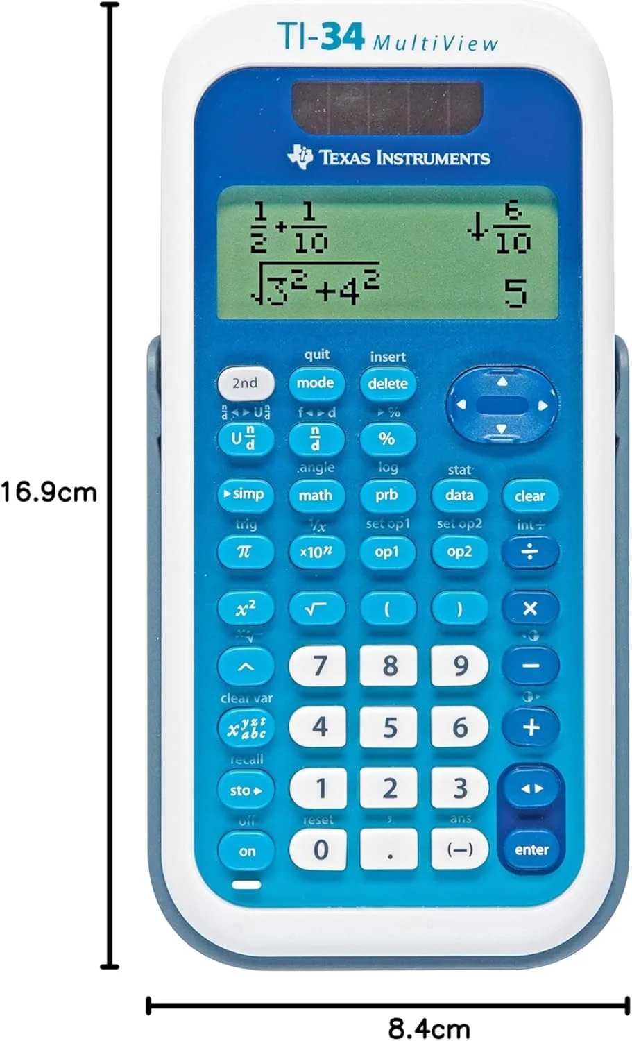 ماشین حساب مدرسه ای تگزاس اینسترومنتس TI-34 MV (نمایشگر چندگانه، 4 خطی، با باتری و انرژی خورشیدی) آبی/سفید