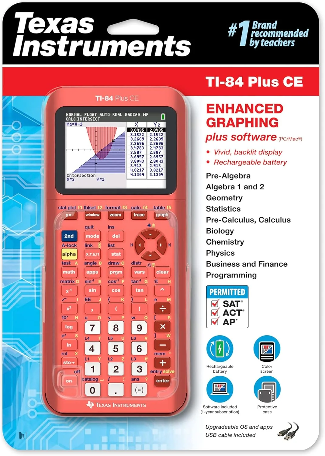 ماشین حساب گرافیکی رنگی تگزاس اینسترومنتس مدل TI-84 Plus CE، مرجانی (متالیک)
