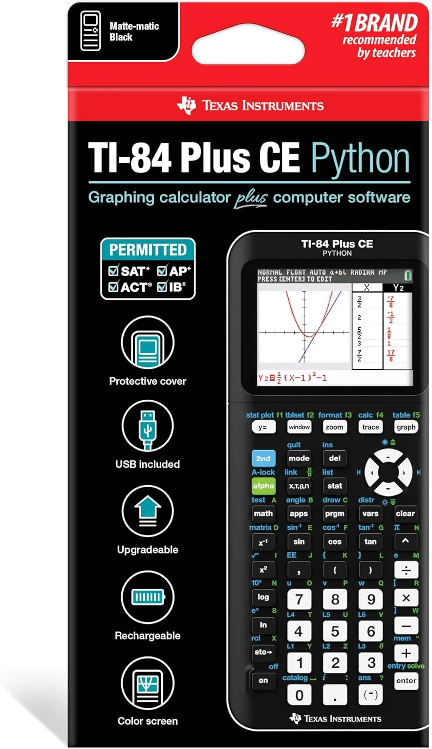 ماشین حساب گرافیکی تگزاس اینسترومنتس مدل TI-84 Plus CE، مشکی 7.5 اینچ ماشین حساب گرافیکی تگزاس اینسترومنتس مدل TI-84 Plus CE، مشکی 7.5 اینچ