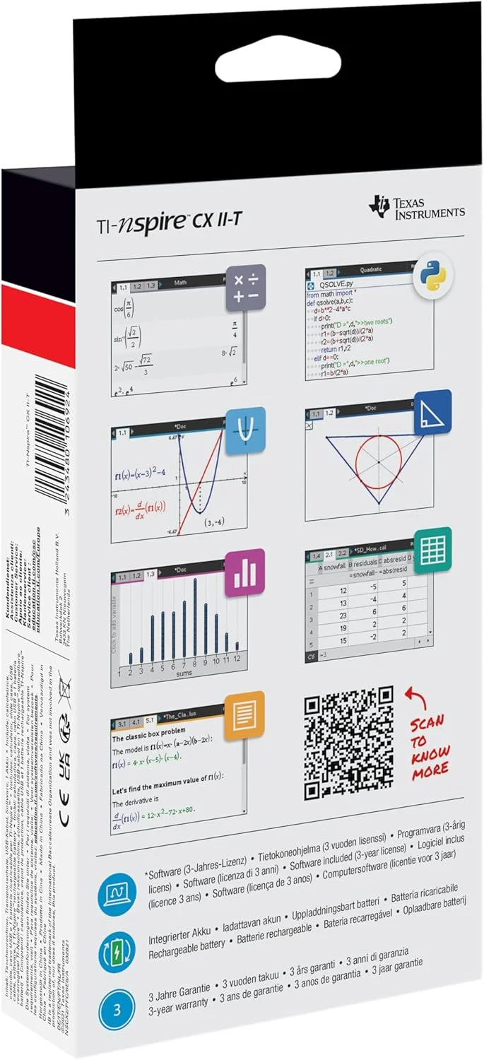 ماشین حساب دیجیتال TEXAS INSTRUMENTS TI-Nspire CX II-T | E/D/I/NL/P/F، باتری، USB، نرم افزار، سفید