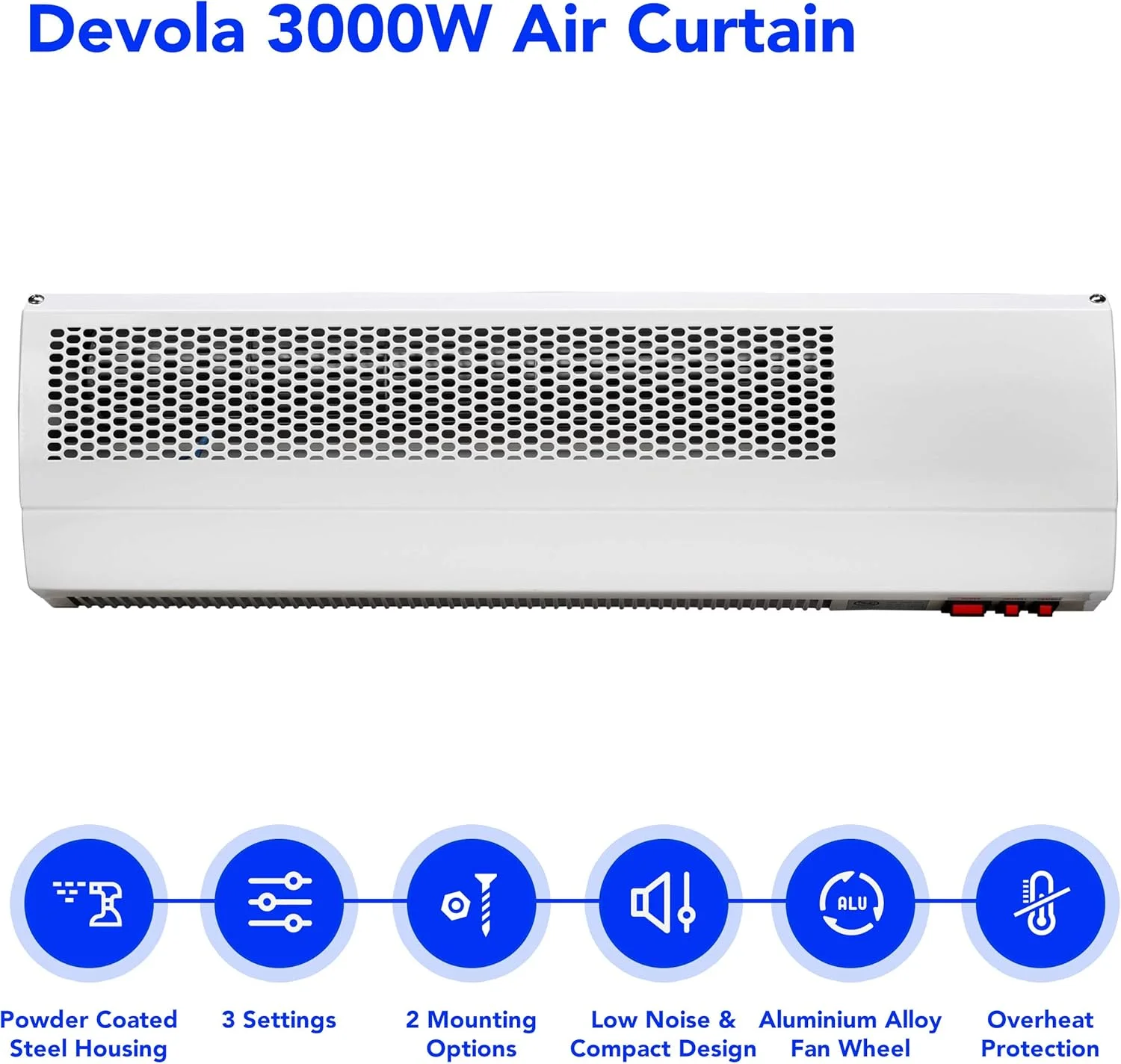 پرده هوای برقی بالای درب Devola 3kW | تشخیص پنجره باز | آویز سقفی، نصب دیواری یا اتصال | 2 تنظیمات گرمایش (1.5 کیلووات و 3 کیلووات)، بخاری و خنک کننده فن داخلی، سفید DVSH3000WH