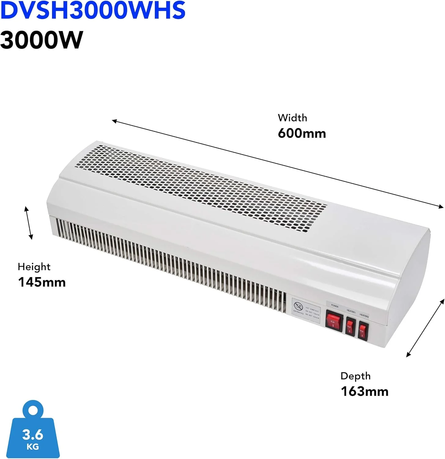 پرده هوای برقی بالای درب Devola 3kW | تشخیص پنجره باز | آویز سقفی، نصب دیواری یا اتصال | 2 تنظیمات گرمایش (1.5 کیلووات و 3 کیلووات)، بخاری و خنک کننده فن داخلی، سفید DVSH3000WH