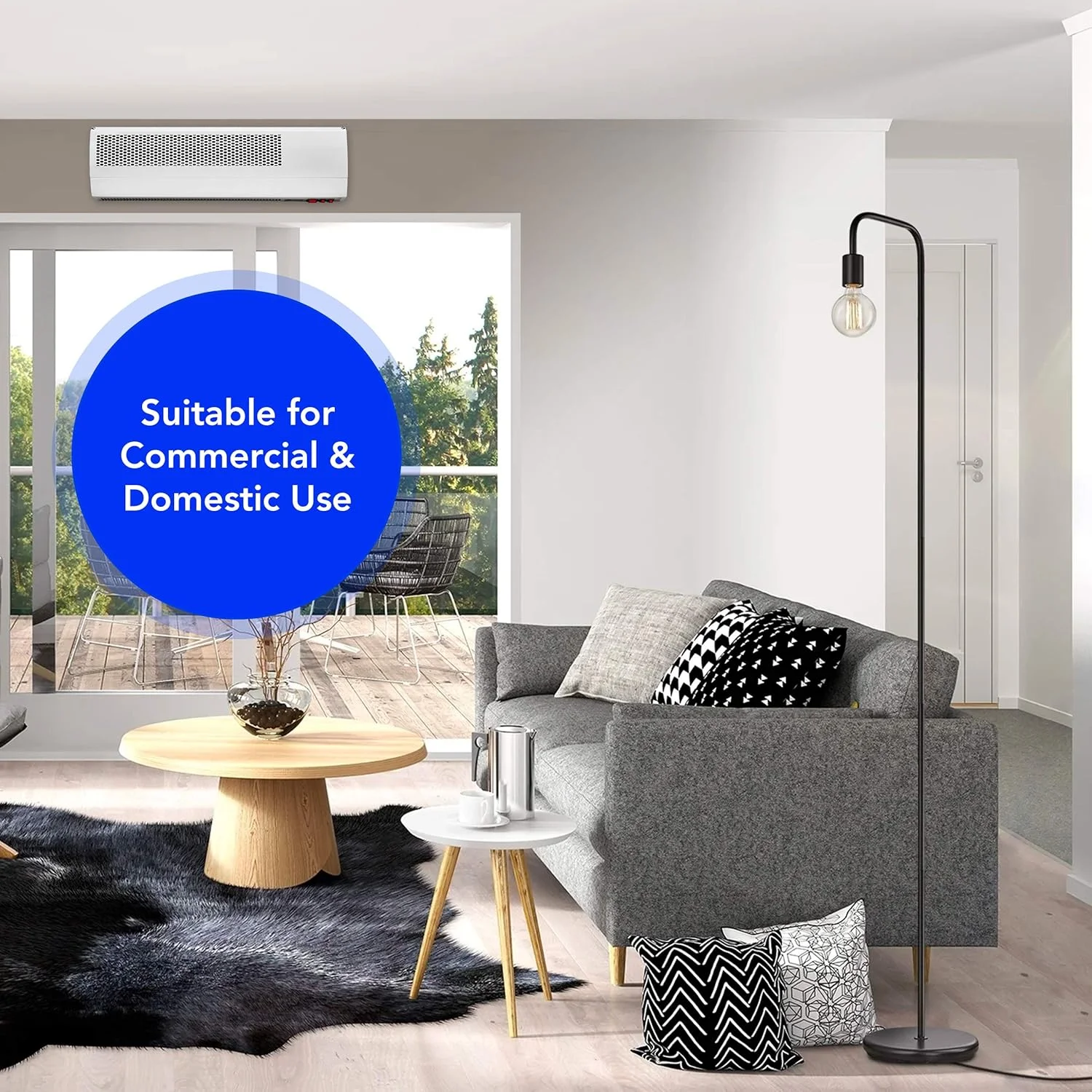 پرده هوای برقی بالای درب Devola 3kW | تشخیص پنجره باز | آویز سقفی، نصب دیواری یا اتصال | 2 تنظیمات گرمایش (1.5 کیلووات و 3 کیلووات)، بخاری و خنک کننده فن داخلی، سفید DVSH3000WH