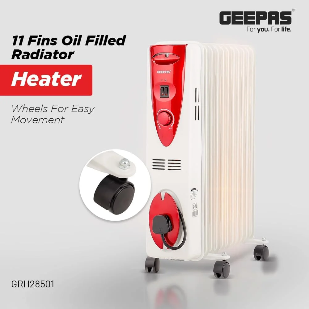 بخاری رادیاتوری روغنی 11 پره Geepas مدل GRH28501، 2000 وات | 3 تنظیمات حرارت | ترموستات قابل تنظیم | کلید ایمنی | محل نگهداری سیم | محافظت در برابر گرمای بیش از حد