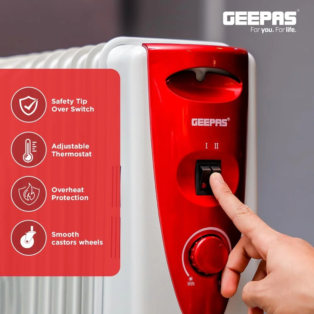 بخاری رادیاتوری روغنی 11 پره Geepas مدل GRH28501، 2000 وات | 3 تنظیمات حرارت | ترموستات قابل تنظیم | کلید ایمنی | محل نگهداری سیم | محافظت در برابر گرمای بیش از حد