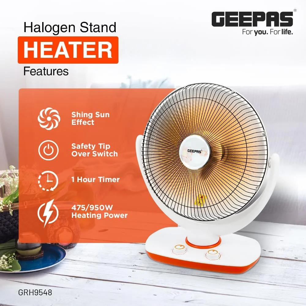 بخاری هالوژنی پایه دار Geepas مدل GRH9548 | بخاری با عملکرد بالا با 2 حالت گرمایش، تایمر 1 ساعته | قابلیت خم شدن/بالا بردن سر و کلید ایمنی واژگونی | سفید و نارنجی بخاری هالوژنی پایه دار Geepas مدل GRH9548 | بخاری با عملکرد بالا با 2 حالت گرمایش، تایمر 1 ساعته | قابلیت خم شدن/بالا بردن سر و کلید ایمنی واژگونی | سفید و نارنجی