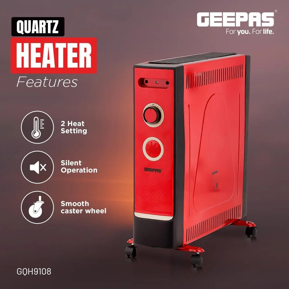 بخاری کوارتز Geepas مدل GQH9108، 2 تنظیمات حرارتی | توان قابل تنظیم | چراغ نشانگر روشن/خاموش | بخاری کوارتز 4 لوله ای | دارای چرخ برای جابجایی آسان بخاری کوارتز Geepas مدل GQH9108، 2 تنظیمات حرارتی | توان قابل تنظیم | چراغ نشانگر روشن/خاموش | بخاری کوارتز 4 لوله ای | دارای چرخ برای جابجایی آسان
